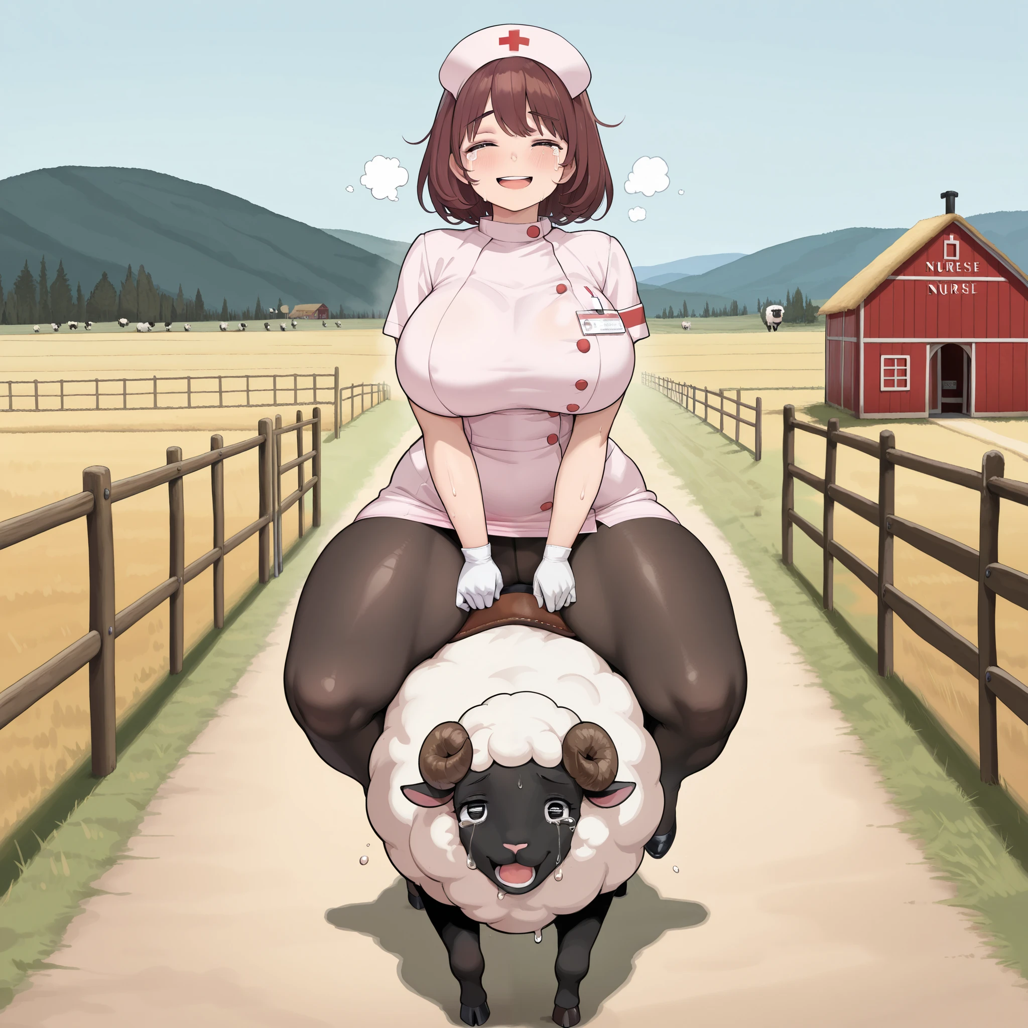 large breasts, curvy, plump, thick thighs, wide hips, 1girl, riding, saddle, full body, sweat, straddling, front view, sexy nurse, black pantyhose, ranch, girl smiling, small sheep, sheep screaming, sheep running, sheep crying, please small sheep, please front view,