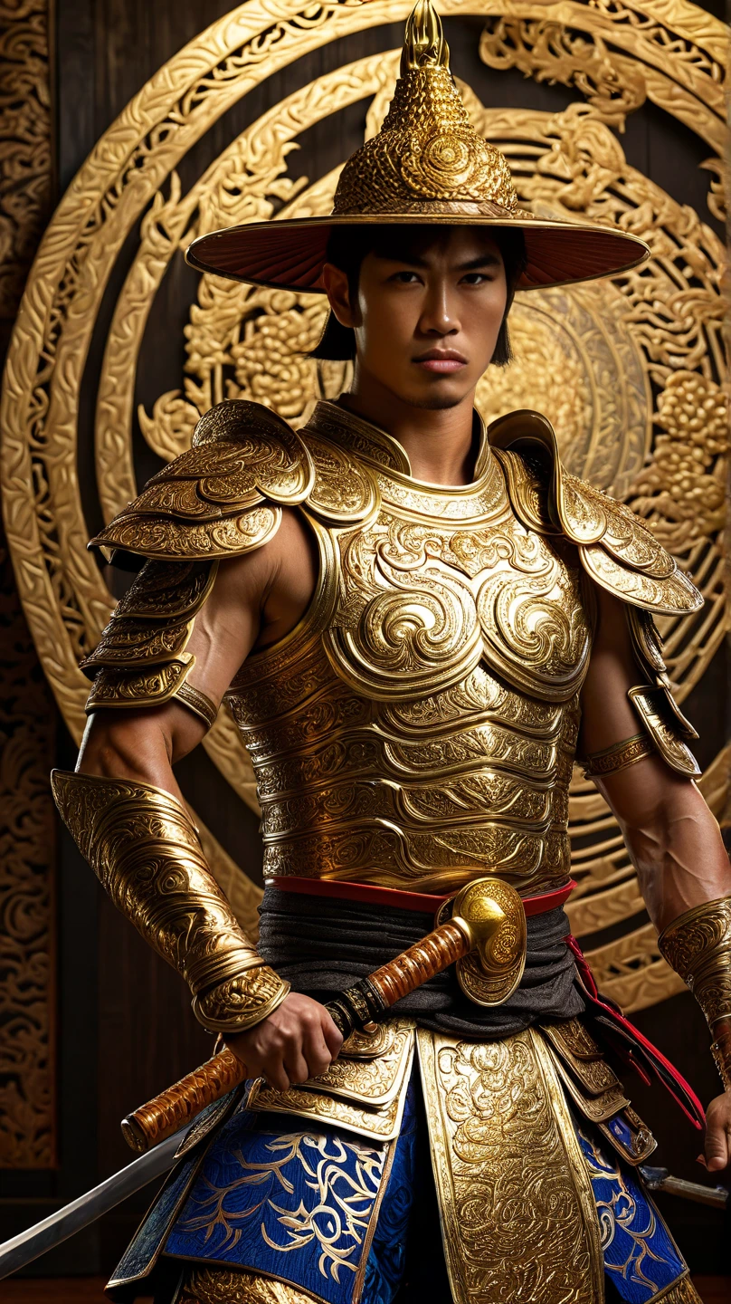  Thai young man is dressed in Thai traditional costume with golden armour,He is 18 years olds, muscle, Beautiful and realistic fantasy pictures, portrait,