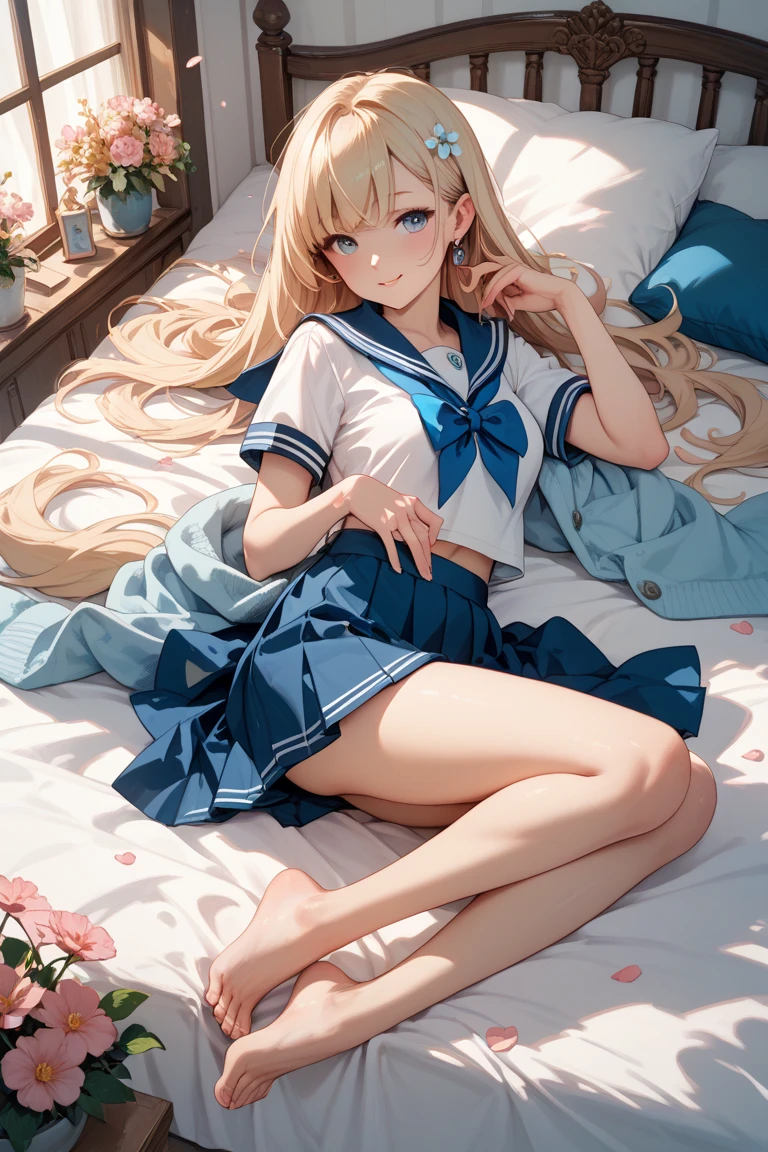 top quality,8K,one girl,Barbara,despise,half-closed eyes,blush,open mouth,shoulder,Thin face,face focus,face to the viewer,lying down,Lie flat on the bed,Aerial Photography,Full body like,(long and beautiful leg:1.5),Clear face,Exquisite facial features,sexy,a sailor suit that is extremely short in length,Super short skirt with V-line visible,white half pantyhose,mini skirt