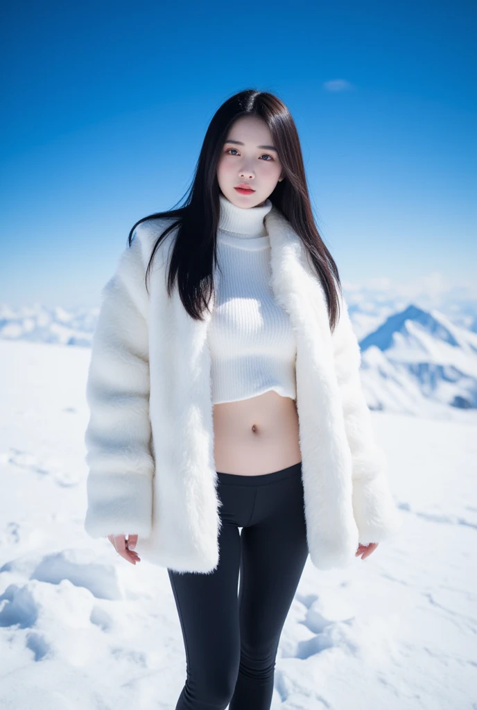 nsfw, 8k, best quality, highres, realistic, real person, A different perspective of a Nordic winter landscape, depicting a beautiful woman wearing a long down vest to brave the cold. The scene is made even more dramatic with rugged, snow-capped mountains and a larger, majestic frozen lake. The sky is a mixture of soft dawn colors, and the figures' expressions are a mixture of awe and struggle against the cold, emphasizing their resilience in the harsh environment. big butt, beautiful legs, long beautiful legs, completely naked inside the down vest