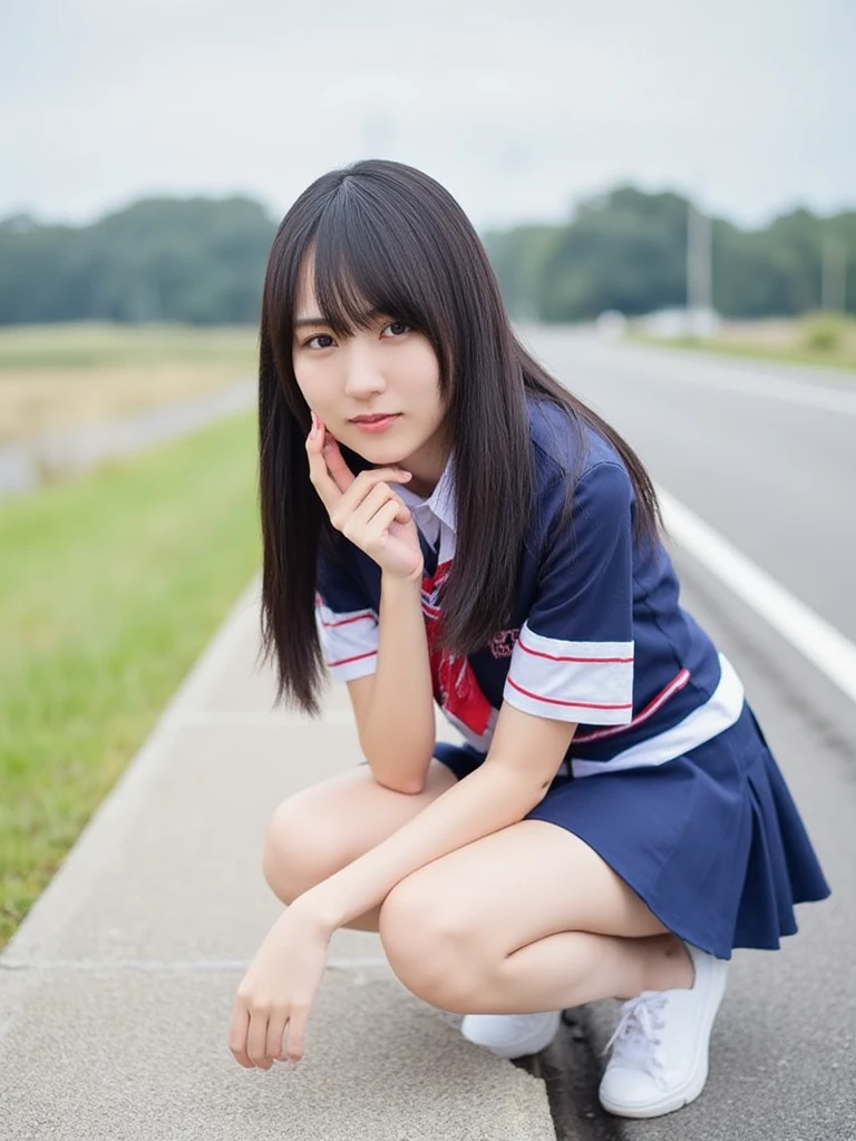 (In 8K、RAW Photos、highest quality、masterpiece:1.2), (Realistic、Photorealistic:1.37), Ultra-detailed, High resolution, One Girl, Close-up, barefoot, A dark-haired, Iris, Japanese, Colored contact lenses, (Beautiful feet:1.3), (Slender girl:1.4), Beautiful girl, (Thin legs:1.3), Sailor suit, Legs wide open, high school girl, ＪＫ, Ultra mini skirt, See-through、Absolute area、Plump thighs、The base of the thighs is visible、白いskinが見えてる、My white pants are visible、Her belly button is visible、Dark blue mini skirt, Short socks, Tri-fold socks, White socks, (Short sleeve:1.3), (Black Loafers Shoes:1.3), whole body, (Are standing:1.2), (Midsummer:1.3),(dark_skin:1.3),(Sunburned_skin:1.3)、camisole