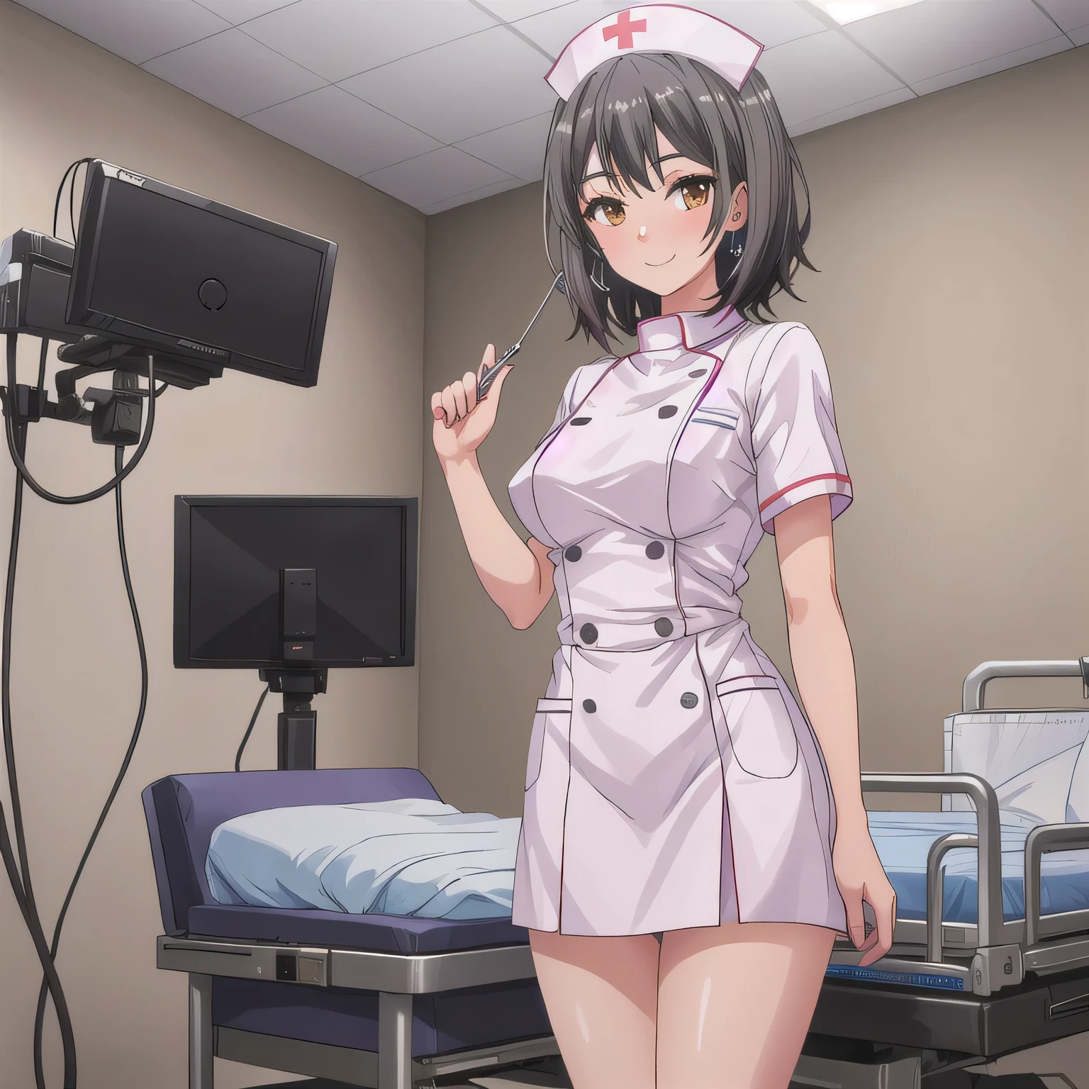 A breathtakingly beautiful 20-year-old woman stands in a warmly lit hospital room, dressed in a white mini-skirt nurse uniform with a matching cap. Her shy smile adds a touch of charm, while the surrounding medical equipment and furnishings create an authentic yet welcoming atmosphere. Black hair, bob haircut, brown eyes.