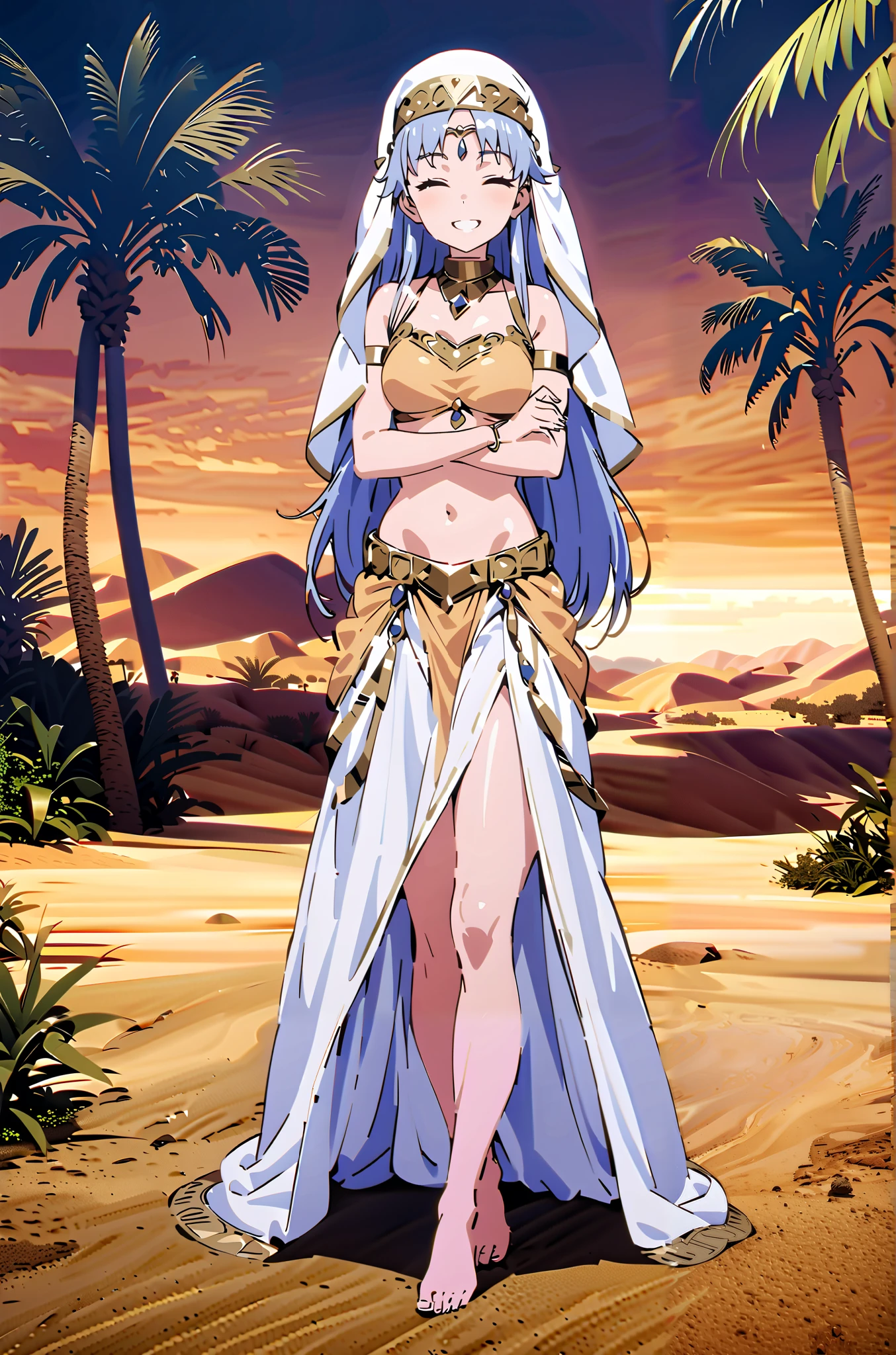  Prohibited bibliography,  blue hair, long hair, Harem outfit, White Veil, Arabian clothing,  collar , Mousebale, circlet , harem pants, thighs, gold trim,  dancer , bare feet,is standing,smile, grin ,close his eyes,night,Palm Trees,full bodyがillustrationに入るように,break outdoors,  oasis, desert,
break looking at viewer,full body,
break (masterpiece:1.2), best quality, high resolution, Unity 8k Wallpaper, (illustration:0.8), very detailed face,  so that it fits into the illustration, extremely detailed CG, (curved body, perfect anatomy),