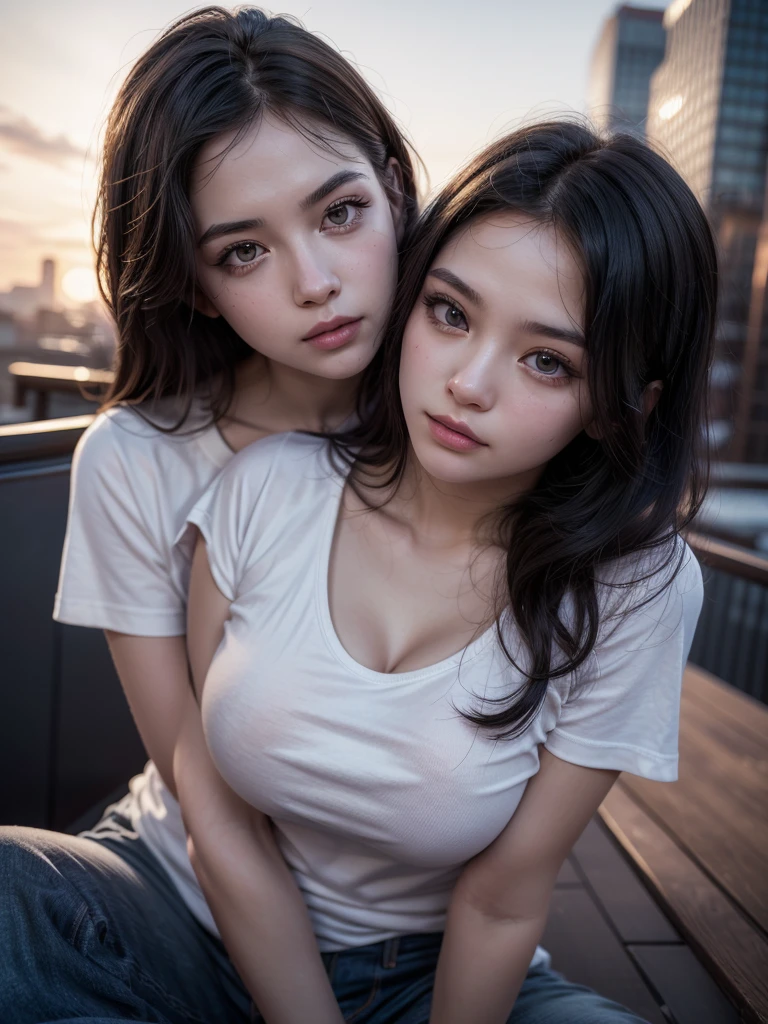(2girls:1.3), (Ultra realistic, high res), (highly detailed eyes, highly detailed hair, highly detailed face, highly detailed plump lips), (off shoulder with open breasts), upper body, caute smile, (best quality:1.4), Raw photo, (realistic, photo-realistic:1.37), professional photography, cinematic light, (fine face: 1.2), (view from above),