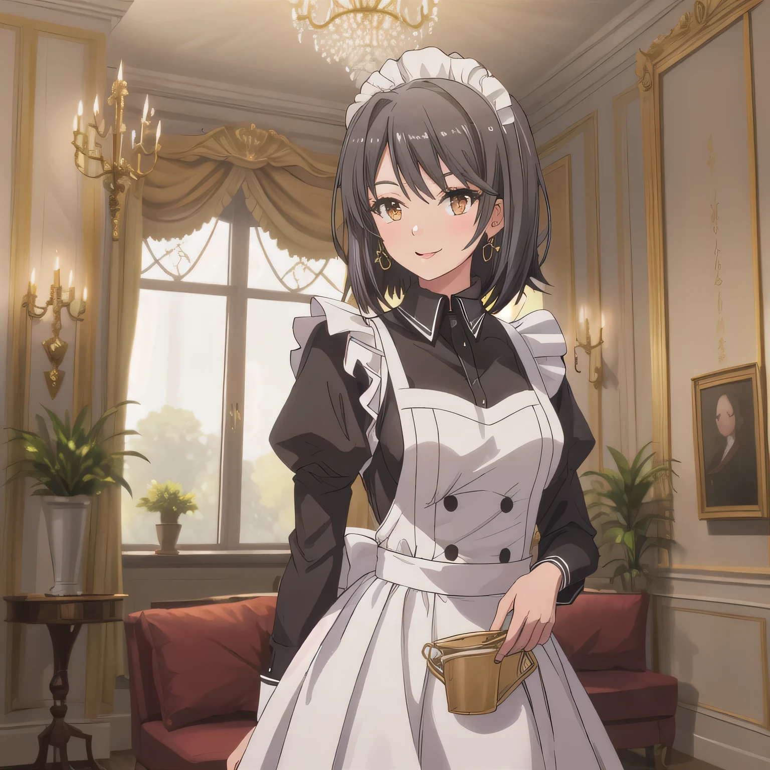 A breathtakingly beautiful 20-year-old woman stands in an opulent mansion room, dressed in a classic black-and-white maid outfit with a short hem and a white brim cap. Her confident smile radiates warmth. The room features elegant furnishings and decor befitting a grand estate, bathed in soft, natural lighting that enhances the sophisticated ambiance. Black hair, bob haircut, brown eyes.
