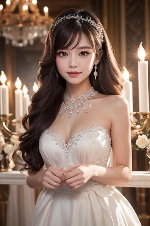 Wedding dress,bride,Waiting for love,Beautiful and delicate eyes,Beautiful and delicate lips,Extremely detailed eyes and face,long eyelashes,fairytale atmosphere,soft light,romantic mood,Stunning background,flowers,dream colors,Emotional expression,romantic pose,blurred background,sparkling veil,Delicate lace,Sparkling tiara,Elegant hairstyle,vintage decor,Vintage furniture,ethereal atmosphere,breeze,whispering tree,cute smile,anticipatory,Heartfelt emotions,gentle and loving,graceful movements,Soft and gentle touch,Warm and tender moments,romantic atmosphere,lifelike masterpiece,Highest quality 4k resolution,studio lighting,bright colors
