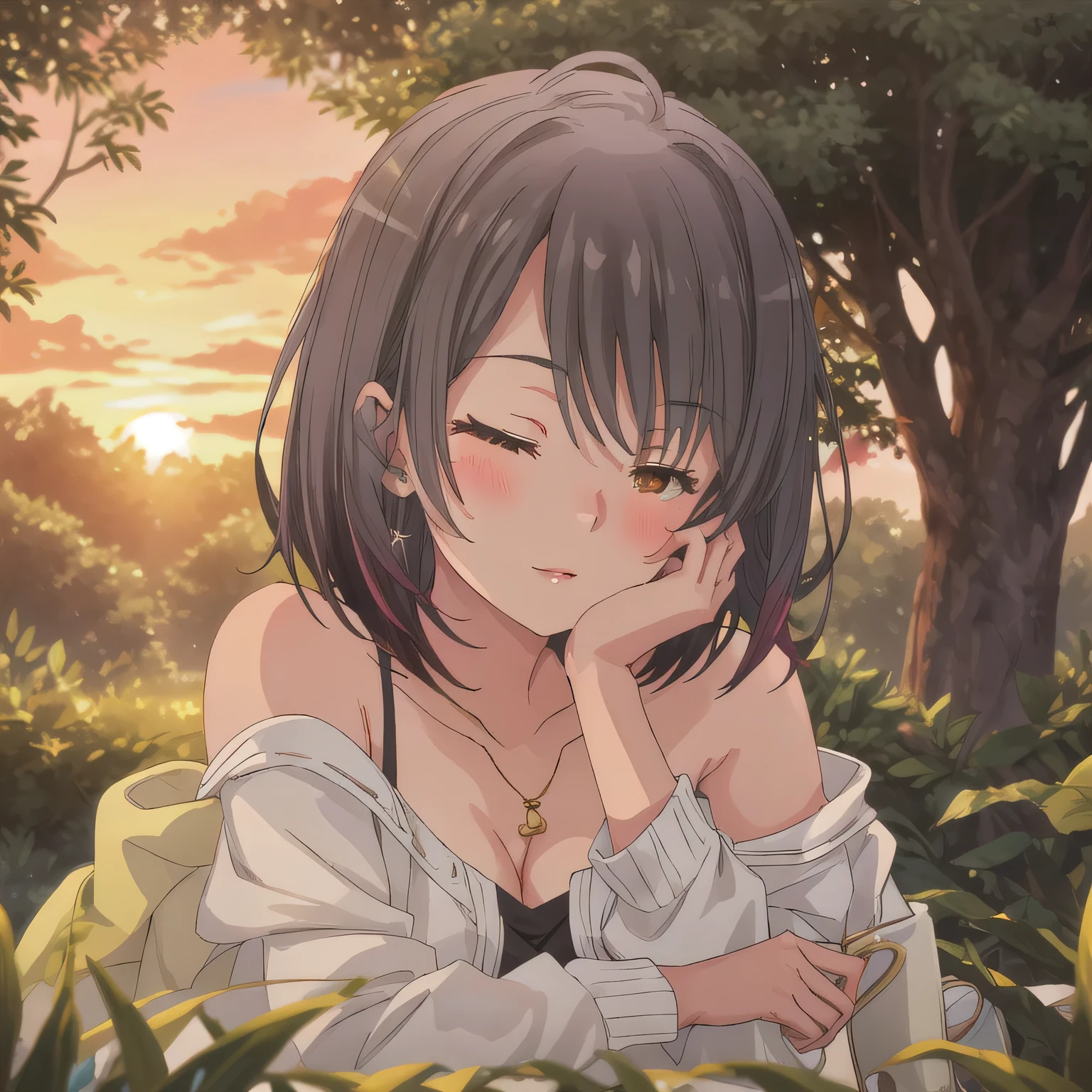 A breathtakingly beautiful 20-year-old woman stands in a lush green park at sunset, bathed in the warm golden light of the evening sun. Facing forward, her eyes gently closed, cheeks slightly flushed, and her face tilted upward as if anticipating a kiss, she embodies serenity and romance. The soft hues of the sunset complement the tranquil surroundings, enriching the dreamy atmosphere. Black hair, bob haircut, brown eyes.