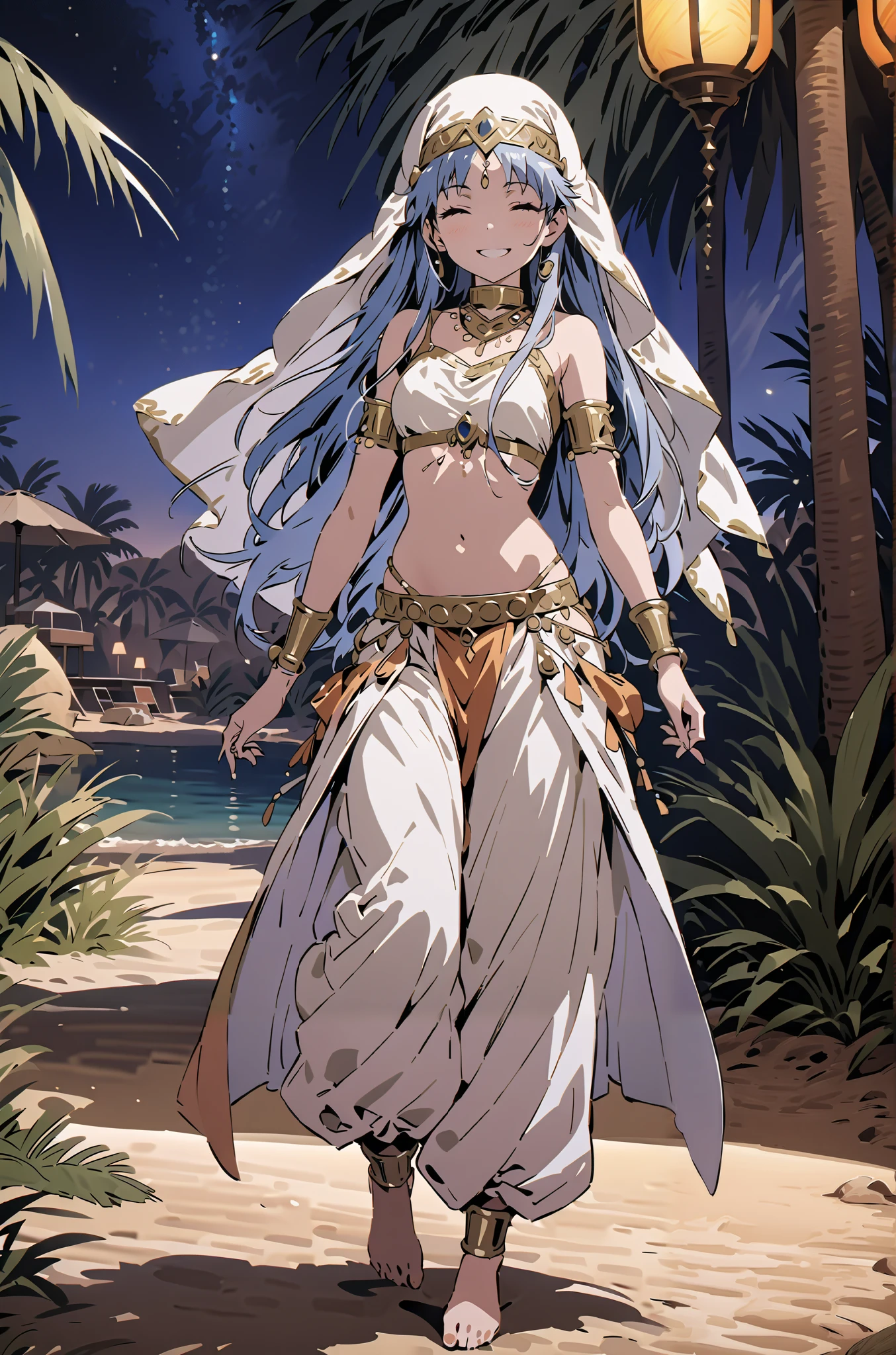 Prohibited bibliography, blue hair, long hair, Harem outfit, White Veil, Arabian clothing, collar , Mousebale, circlet , harem pants, thighs, gold trim, dancer , bare feet,is standing,smile, grin ,close his eyes,night,Palm Trees,full bodyがillustrationに入るように,break outdoors, oasis, desert,
break looking at viewer,full body,
break (masterpiece:1.2), best quality, high resolution, Unity 8k Wallpaper, (illustration:0.8), very detailed face, so that it fits into the illustration, extremely detailed CG, (curved body, perfect anatomy),