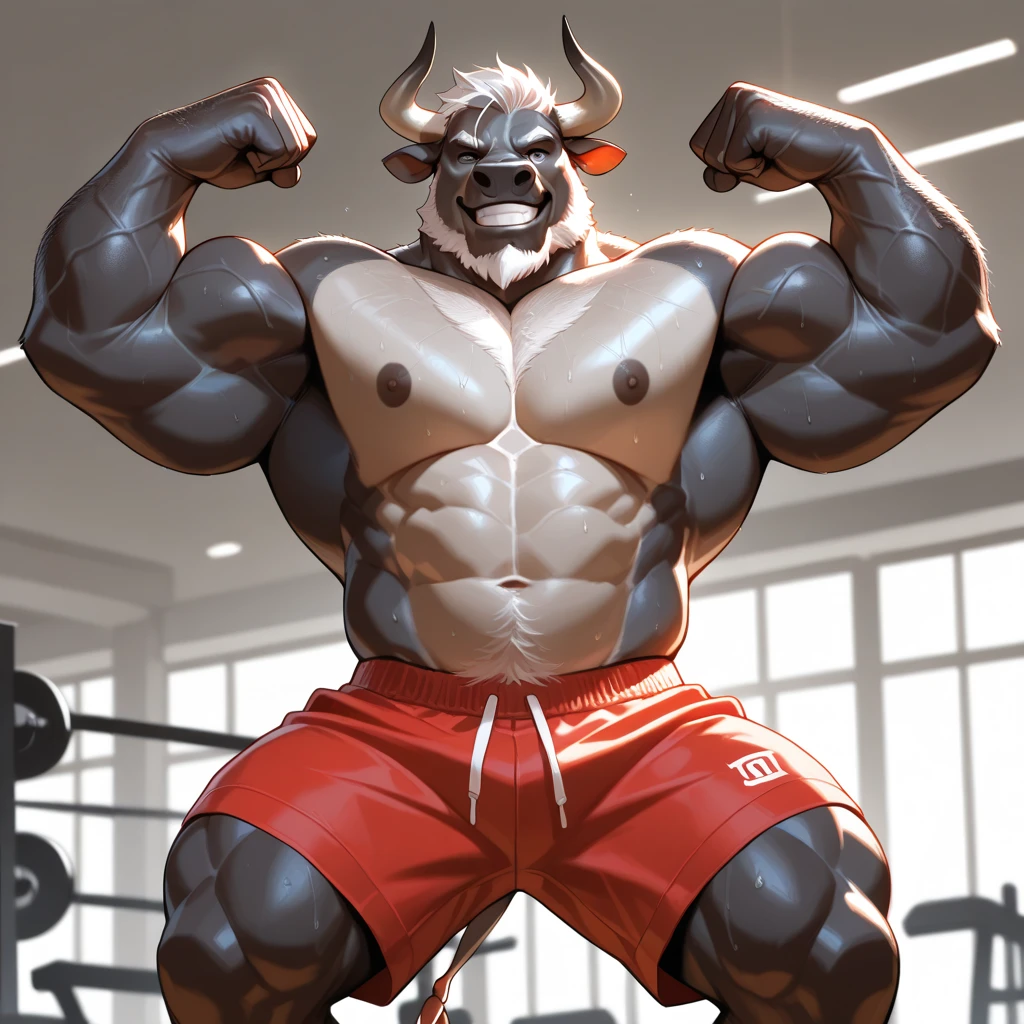 Sharp focus, masterpiece, 8k, intricate artwork, hyper detailed, high detail, best quality, perfect colors, perfect shadows, perfect lighting, posted on e621, furry body, (portrait shot, front view), posted on e621, furry body, solo, anthro bull, (beefy bodybuilder, buff, shredded abs, veiny biceps, manly, brutal, masculine:1.3), shaved face, (monotone brown fur, brown hair, nails on hands:1.3), (curved big bovine horns), young, male, correct anatomy, (photorealistic fur, detailed fur, oiled body, epic, masterpiece:1.2), (by Taran Fiddler, by Blotch, Bonifasko lighting), detailed bull eyes, (flexing, red posing thong:1.4), detailed bulge