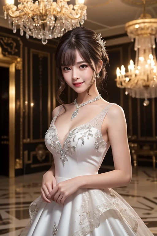 masterpiece、(highest quality: 1.2)、beautiful23 female、big breasts、white prom dress、(daytime sky)、sparkling aura、crackling energy、looking at the camera、Various poses、wedding hall、cute face、