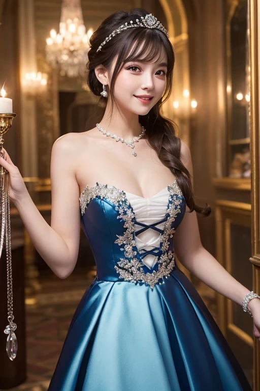 Wearing a colorful, highly detailed, extravagant, long skirt dress, Highest quality, masterpiece, Ultra-high resolution, (Realistic:1.4), RAW Photos, One Girl, Off the shoulder, In the Dark, Spotlight light, Deep Shadow, Moderate, whole body, 20-year-old, Cute face, Open your mouth、Look at this and laugh、smile