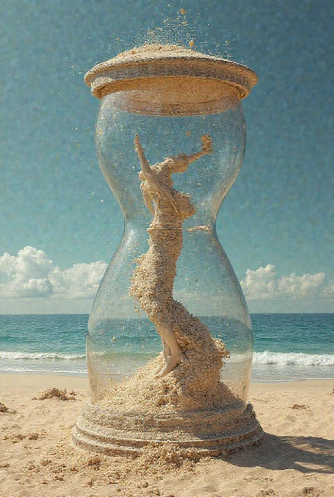 standing on a sunny beach dropping water from a vase she holds above her head