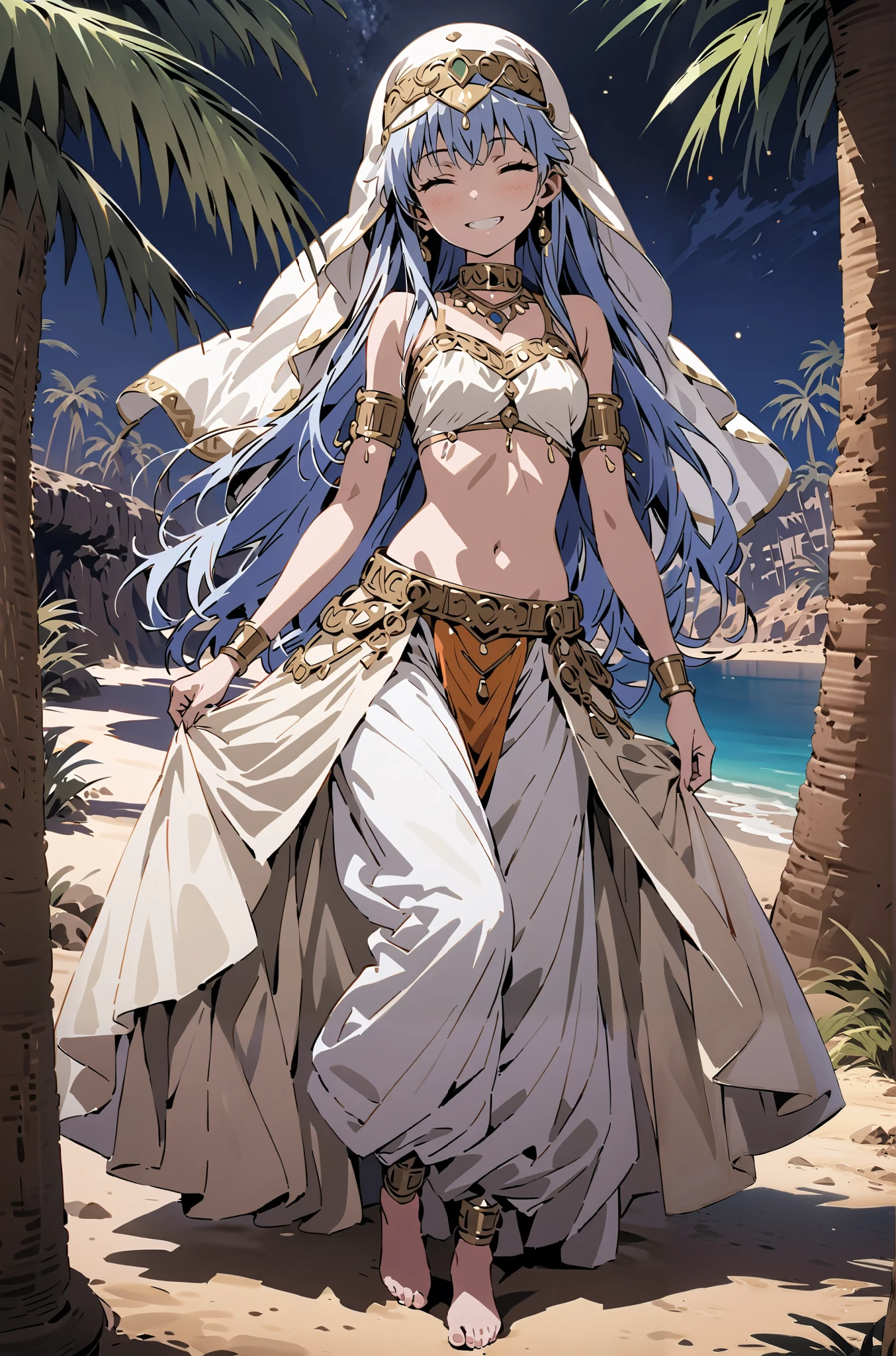 Prohibited bibliography, blue hair, long hair, Harem outfit, White Veil, Arabian clothing, collar , Mousebale, circlet , harem pants, thighs, gold trim, dancer , bare feet,is standing,smile, grin ,close his eyes,night,Palm Trees,full bodyがillustrationに入るように,break outdoors, oasis, desert,
break looking at viewer,full body,
break (masterpiece:1.2), best quality, high resolution, Unity 8k Wallpaper, (illustration:0.8), very detailed face, so that it fits into the illustration, extremely detailed CG, (curved body, perfect anatomy),
