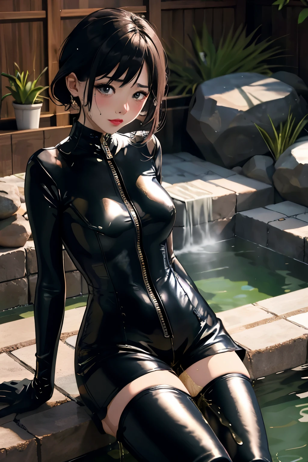 highres, beautiful women, high detail, good lighting, lewd, hentai, (((black leather catsuit shorts))), (((leather thigh high boots))), black leather gloves, bare thighs, bare arms, (((wetting herself))), (((peeing herself))), (pee streaming down legs), peeing stain, (puddle), (thick thighs), nice long legs, lipstick, detailed face, pretty face, embarrassed blushing face, humiliated, ((in outdoor onsen bathing))