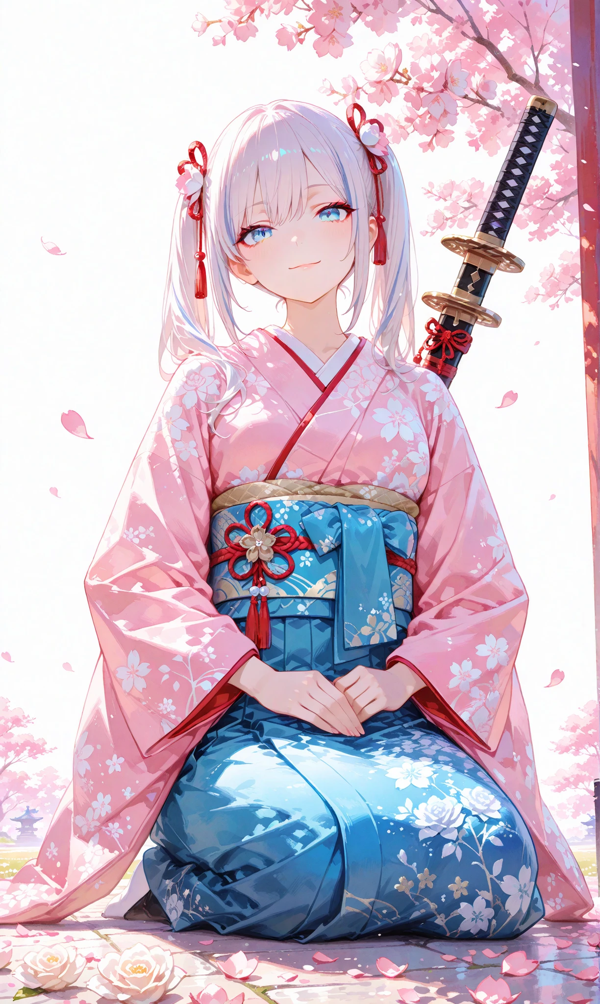 A single girl with long, jet-black twin tails adorned with thin white highlights, tied with ribbons, wearing an elegant kimono featuring delicate Japanese patterns, her striking blue eyes gleaming softly. She sits on the ground with a katana resting horizontally beside her, a small smile on her lips as she begins to rise, exuding a sense of quiet determination. The scene is set along a cherry blossom avenue, where scattered white rose petals mingle with vibrant pink sakura, illuminated by the gentle light of sunrise. This fusion of battlefield remnants and blooming cherry blossoms evokes a profound feeling of hope and new beginnings. Her figure stands out against a simple white background that accentuates her presence, rendered with a delicate watercolor touch (0.4) and a soft pastel style (0.6), blending ethereal beauty with subtle strength in ultra-high resolution, capturing every intricate detail of her kimono, hair, and the blossoming surroundings


