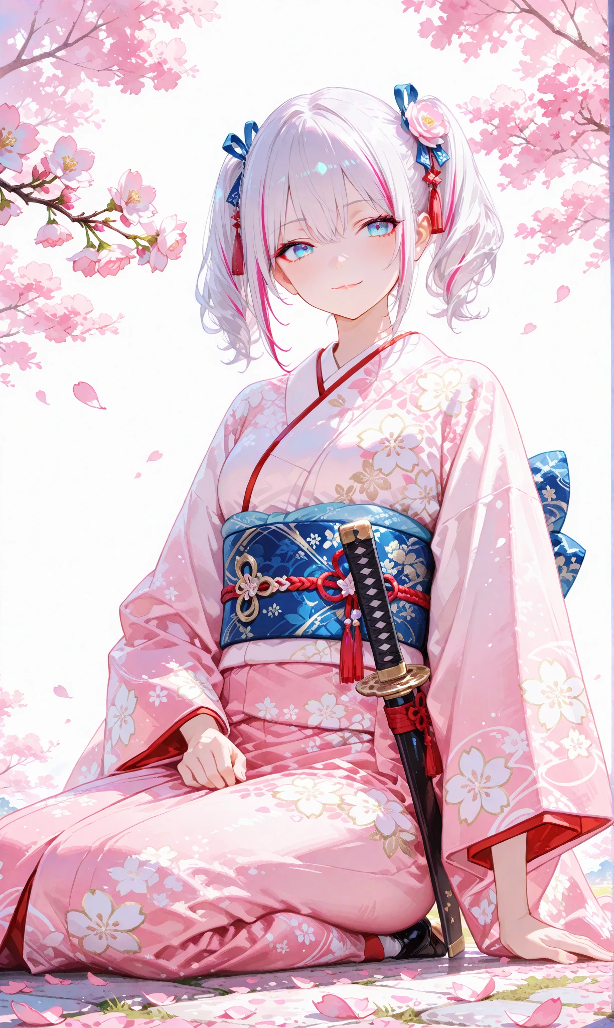 A single girl with long, jet-black twin tails adorned with thin white highlights, tied with ribbons, wearing an elegant kimono featuring delicate Japanese patterns, her striking blue eyes gleaming softly. She sits on the ground with a katana resting horizontally beside her, a small smile on her lips as she begins to rise, exuding a sense of quiet determination. The scene is set along a cherry blossom avenue, where scattered white rose petals mingle with vibrant pink sakura, illuminated by the gentle light of sunrise. This fusion of battlefield remnants and blooming cherry blossoms evokes a profound feeling of hope and new beginnings. Her figure stands out against a simple white background that accentuates her presence, rendered with a delicate watercolor touch (0.4) and a soft pastel style (0.6), blending ethereal beauty with subtle strength in ultra-high resolution, capturing every intricate detail of her kimono, hair, and the blossoming surroundings


