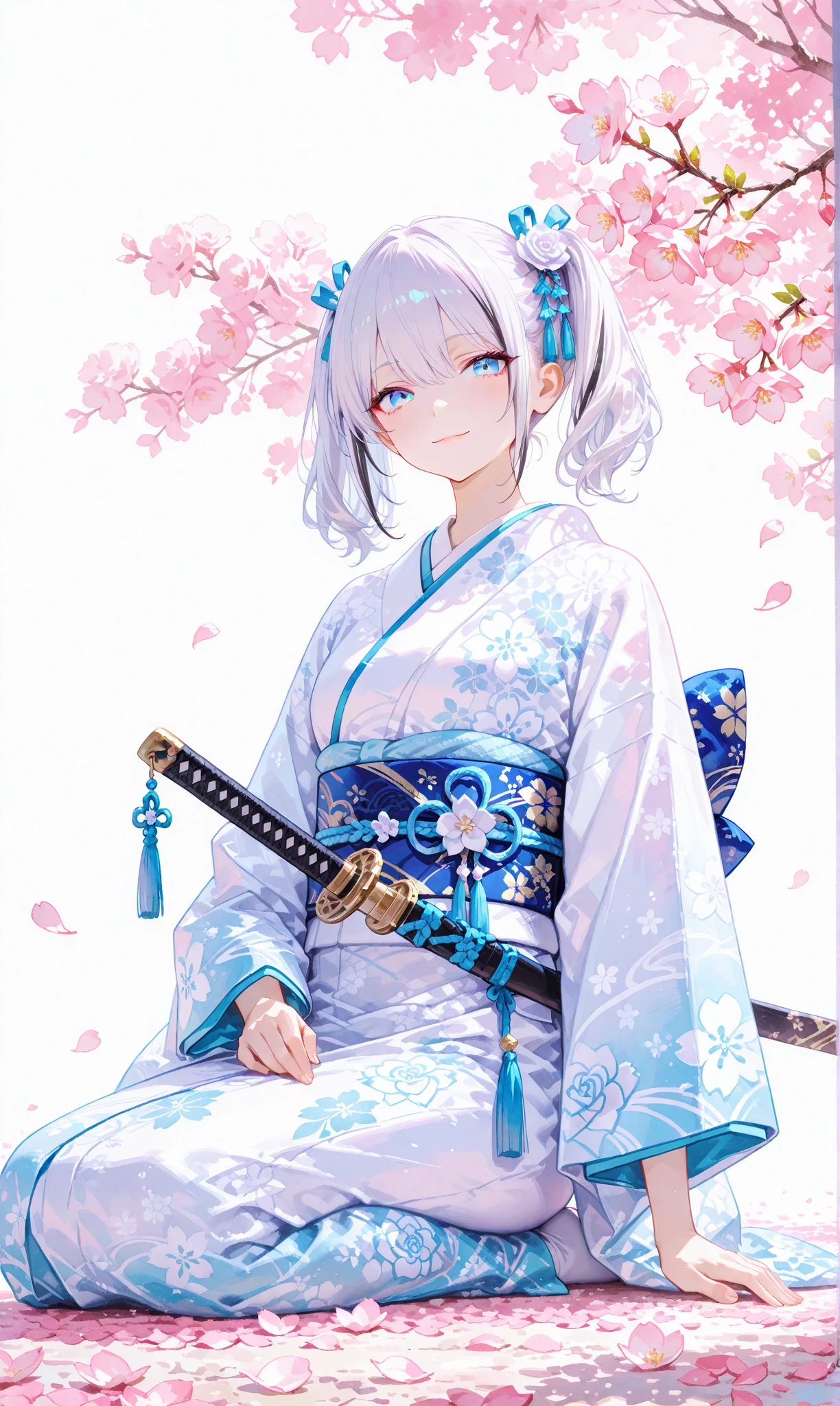 A single girl with long, jet-black twin tails adorned with thin white highlights, tied with ribbons, wearing an elegant kimono featuring delicate Japanese patterns, her striking blue eyes gleaming softly. She sits on the ground with a katana resting horizontally beside her, a small smile on her lips as she begins to rise, exuding a sense of quiet determination. The scene is set along a cherry blossom avenue, where scattered white rose petals mingle with vibrant pink sakura, illuminated by the gentle light of sunrise. This fusion of battlefield remnants and blooming cherry blossoms evokes a profound feeling of hope and new beginnings. Her figure stands out against a simple white background that accentuates her presence, rendered with a delicate watercolor touch (0.4) and a soft pastel style (0.6), blending ethereal beauty with subtle strength in ultra-high resolution, capturing every intricate detail of her kimono, hair, and the blossoming surroundings


