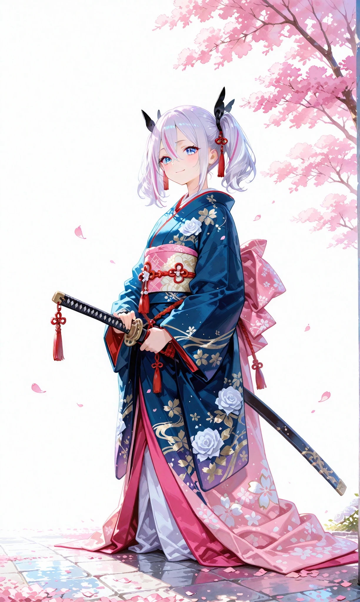 A single girl with long, jet-black twin tails adorned with thin white highlights, tied with ribbons, wearing an elegant kimono featuring delicate Japanese patterns, her striking blue eyes gleaming softly. She sits on the ground with a katana resting horizontally beside her, a small smile on her lips as she begins to rise, exuding a sense of quiet determination. The scene is set along a cherry blossom avenue, where scattered white rose petals mingle with vibrant pink sakura, illuminated by the gentle light of sunrise. This fusion of battlefield remnants and blooming cherry blossoms evokes a profound feeling of hope and new beginnings. Her figure stands out against a simple white background that accentuates her presence, rendered with a delicate watercolor touch (0.4) and a soft pastel style (0.6), blending ethereal beauty with subtle strength in ultra-high resolution, capturing every intricate detail of her kimono, hair, and the blossoming surroundings


