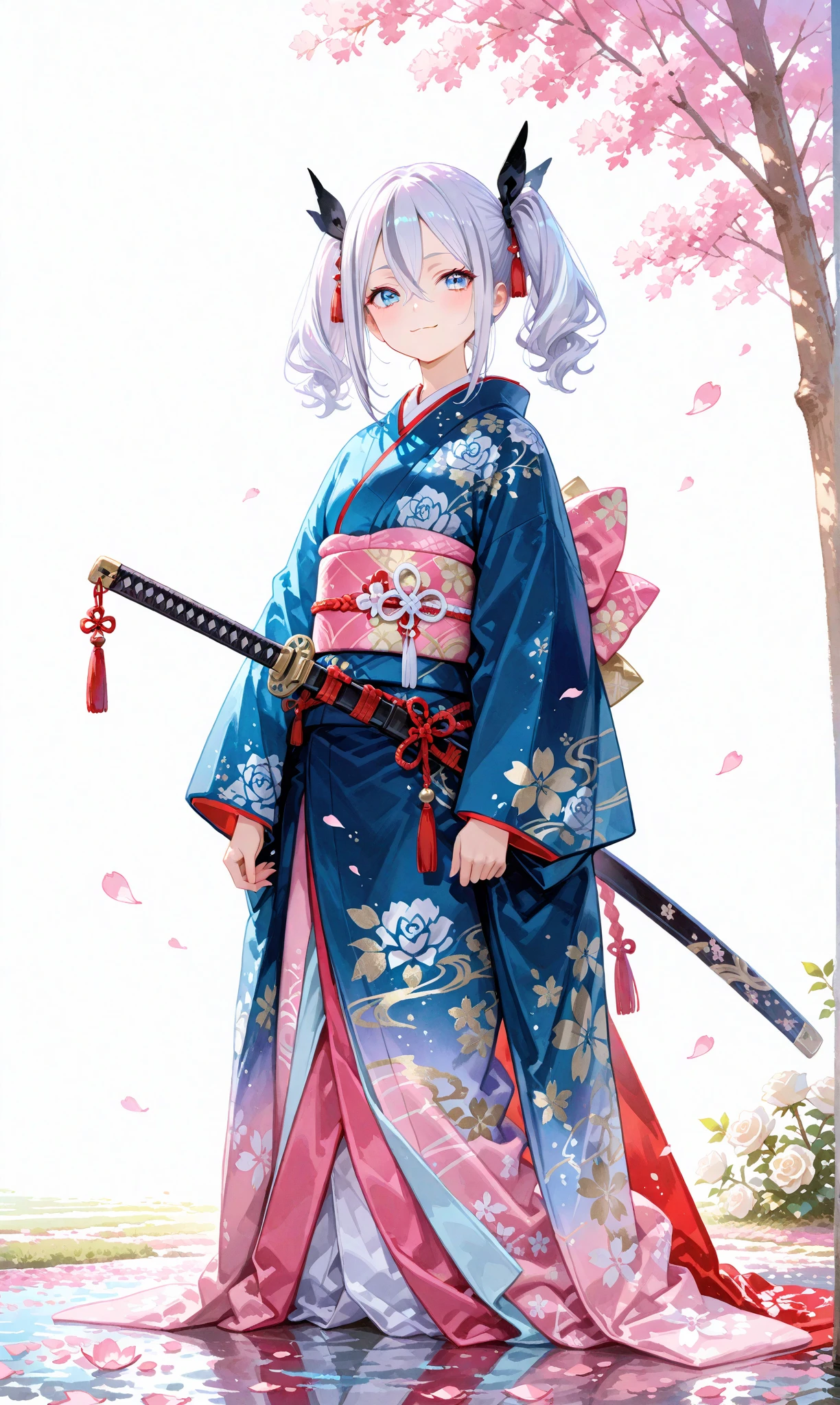 A single girl with long, jet-black twin tails adorned with thin white highlights, tied with ribbons, wearing an elegant kimono featuring delicate Japanese patterns, her striking blue eyes gleaming softly. She sits on the ground with a katana resting horizontally beside her, a small smile on her lips as she begins to rise, exuding a sense of quiet determination. The scene is set along a cherry blossom avenue, where scattered white rose petals mingle with vibrant pink sakura, illuminated by the gentle light of sunrise. This fusion of battlefield remnants and blooming cherry blossoms evokes a profound feeling of hope and new beginnings. Her figure stands out against a simple white background that accentuates her presence, rendered with a delicate watercolor touch (0.4) and a soft pastel style (0.6), blending ethereal beauty with subtle strength in ultra-high resolution, capturing every intricate detail of her kimono, hair, and the blossoming surroundings


