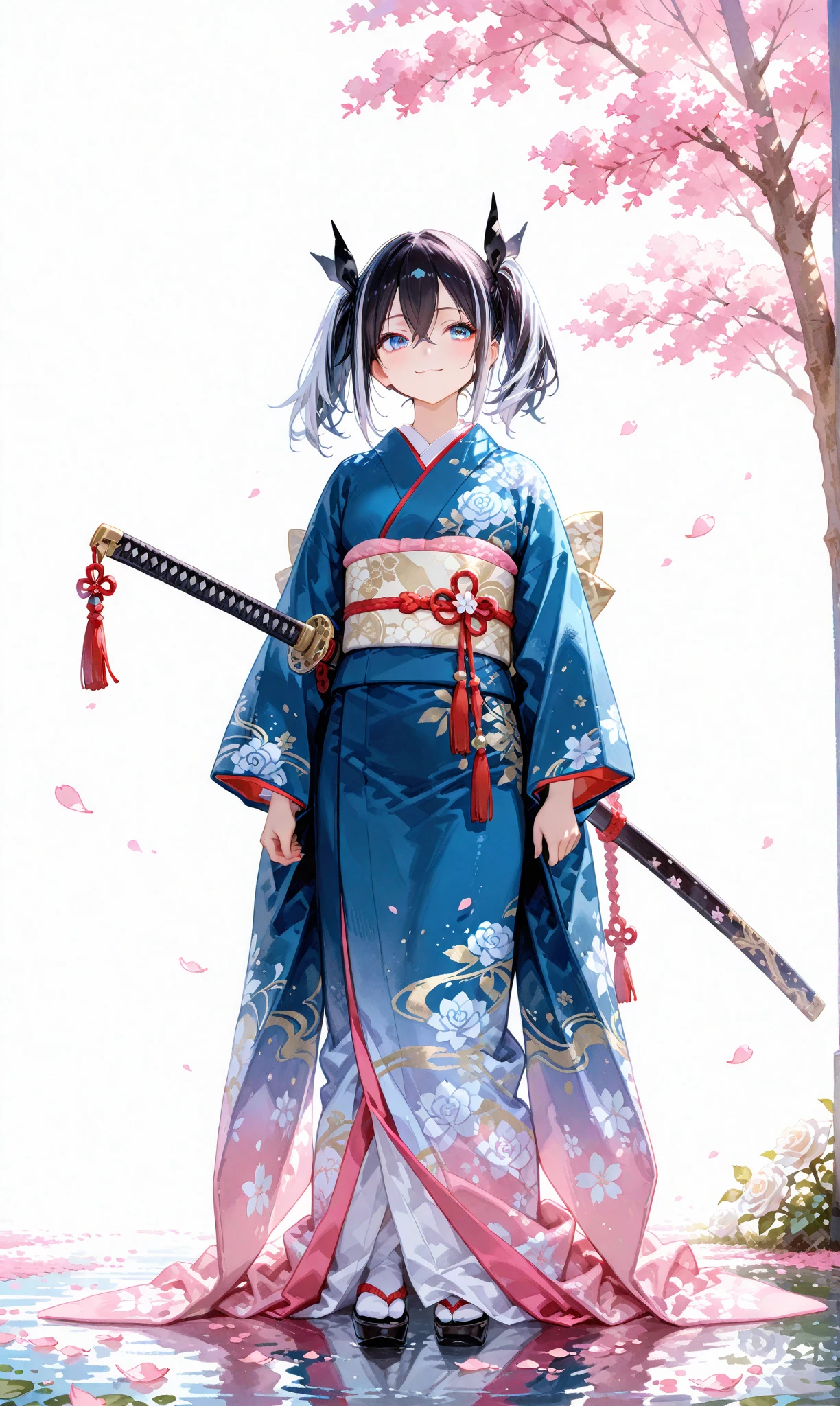 A single girl with long, jet-black twin tails adorned with thin white highlights, tied with ribbons, wearing an elegant kimono featuring delicate Japanese patterns, her striking blue eyes gleaming softly. She sits on the ground with a katana resting horizontally beside her, a small smile on her lips as she begins to rise, exuding a sense of quiet determination. The scene is set along a cherry blossom avenue, where scattered white rose petals mingle with vibrant pink sakura, illuminated by the gentle light of sunrise. This fusion of battlefield remnants and blooming cherry blossoms evokes a profound feeling of hope and new beginnings. Her figure stands out against a simple white background that accentuates her presence, rendered with a delicate watercolor touch (0.4) and a soft pastel style (0.6), blending ethereal beauty with subtle strength in ultra-high resolution, capturing every intricate detail of her kimono, hair, and the blossoming surroundings


