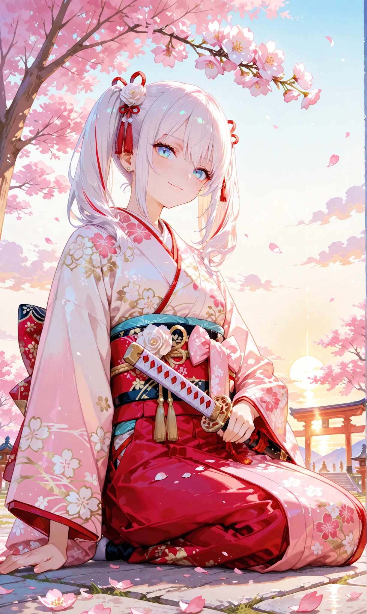 A single girl with long, jet-black twin tails adorned with thin white highlights, tied with ribbons, wearing an elegant kimono featuring delicate Japanese patterns, her striking blue eyes gleaming softly. She sits on the ground with a katana resting horizontally beside her, a small smile on her lips as she begins to rise, exuding a sense of quiet determination. The scene is set along a cherry blossom avenue, where scattered white rose petals mingle with vibrant pink sakura, illuminated by the gentle light of sunrise. This fusion of battlefield remnants and blooming cherry blossoms evokes a profound feeling of hope and new beginnings. Her figure stands out against a simple white background that accentuates her presence, rendered with a delicate watercolor touch (0.4) and a soft pastel style (0.6), blending ethereal beauty with subtle strength in ultra-high resolution, capturing every intricate detail of her kimono, hair, and the blossoming surroundings


