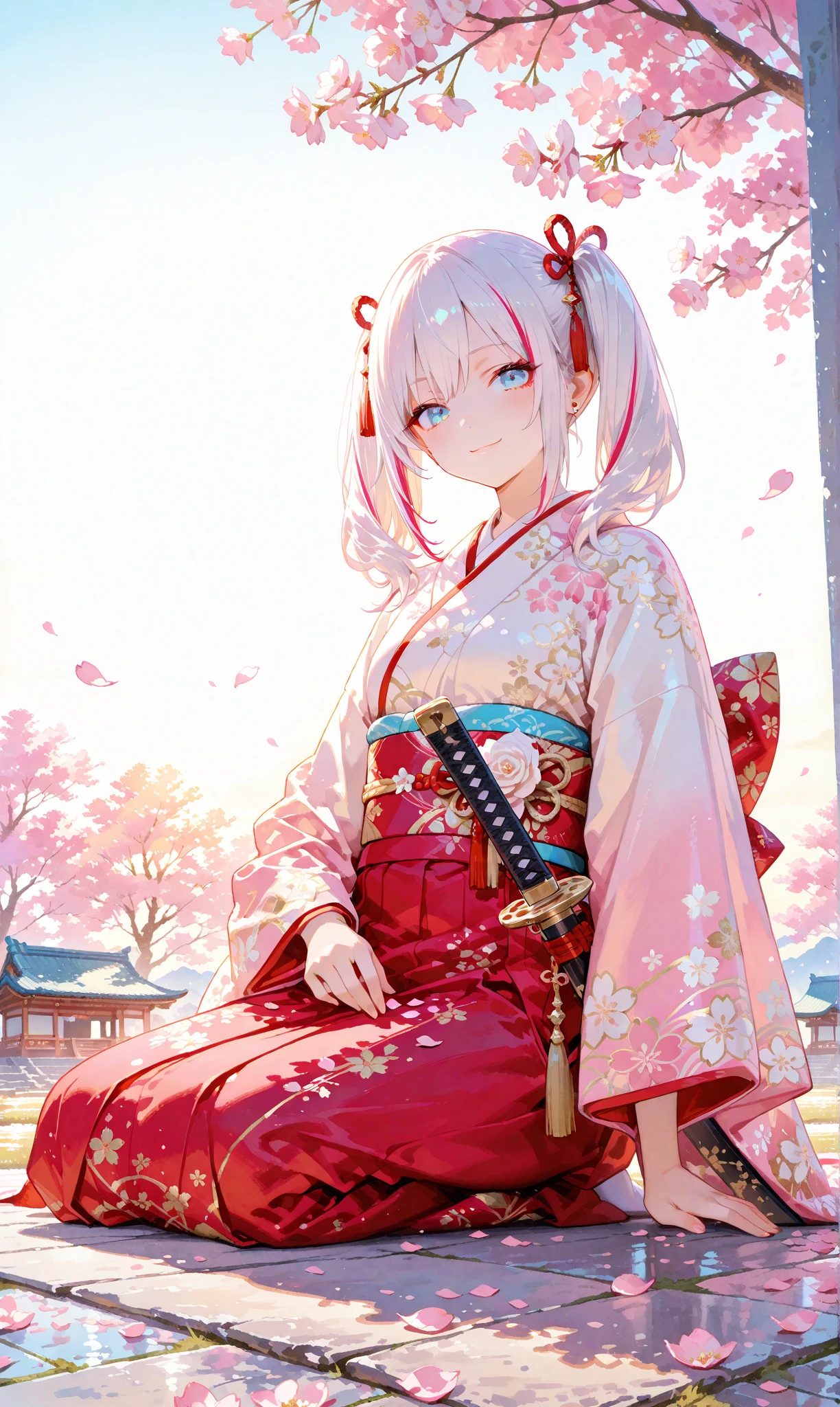A single girl with long, jet-black twin tails adorned with thin white highlights, tied with ribbons, wearing an elegant kimono featuring delicate Japanese patterns, her striking blue eyes gleaming softly. She sits on the ground with a katana resting horizontally beside her, a small smile on her lips as she begins to rise, exuding a sense of quiet determination. The scene is set along a cherry blossom avenue, where scattered white rose petals mingle with vibrant pink sakura, illuminated by the gentle light of sunrise. This fusion of battlefield remnants and blooming cherry blossoms evokes a profound feeling of hope and new beginnings. Her figure stands out against a simple white background that accentuates her presence, rendered with a delicate watercolor touch (0.4) and a soft pastel style (0.6), blending ethereal beauty with subtle strength in ultra-high resolution, capturing every intricate detail of her kimono, hair, and the blossoming surroundings



