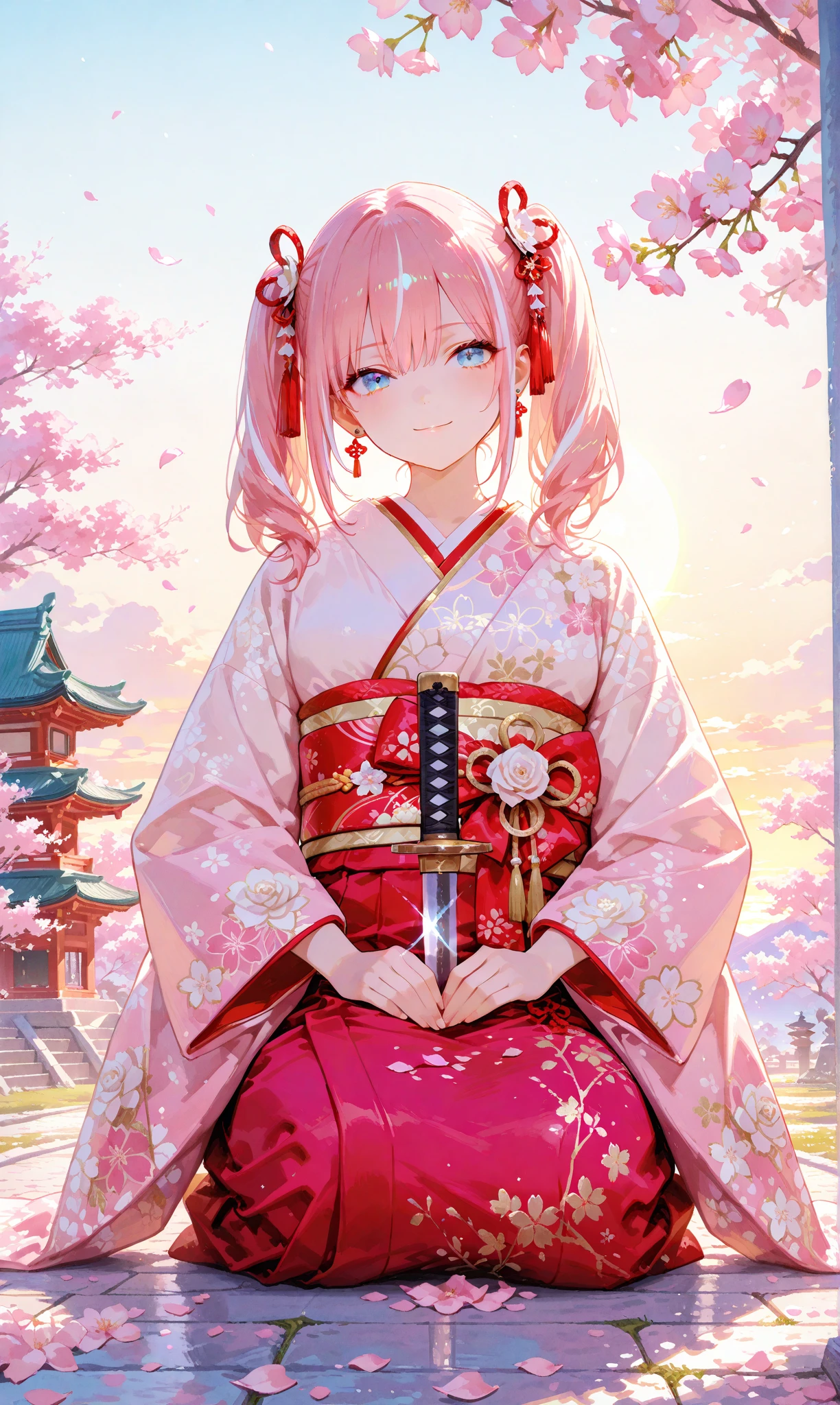 A single girl with long, jet-black twin tails adorned with thin white highlights, tied with ribbons, wearing an elegant kimono featuring delicate Japanese patterns, her striking blue eyes gleaming softly. She sits on the ground with a katana resting horizontally beside her, a small smile on her lips as she begins to rise, exuding a sense of quiet determination. The scene is set along a cherry blossom avenue, where scattered white rose petals mingle with vibrant pink sakura, illuminated by the gentle light of sunrise. This fusion of battlefield remnants and blooming cherry blossoms evokes a profound feeling of hope and new beginnings. Her figure stands out against a simple white background that accentuates her presence, rendered with a delicate watercolor touch (0.4) and a soft pastel style (0.6), blending ethereal beauty with subtle strength in ultra-high resolution, capturing every intricate detail of her kimono, hair, and the blossoming surroundings


