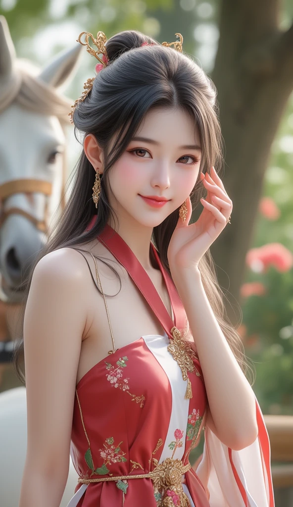 (realistic detailed portrait of a beautiful young japanese girl with long black hair in a hanfu dress, bare shoulders, with a black cape, drop earrings, and her hair in a bun, standing full body, wearing stockings and high heels, beautiful detailed face with a kind smile and dimpled cheek, cute snaggle-tooth, realistic detailed eyes, long legs, hourglass figure, ample round bosoms, photo-realistic, 8K resolution, high contrast, ultra HD, vivid colors, professional lighting, bokeh background