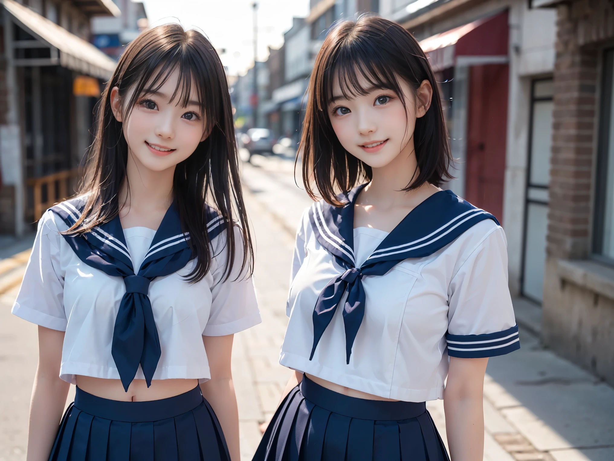 ((full body, Two girls standing side by side)), ((sailor suit, mini skirt)), (((The girl on the left has large breasts, The girl on the right has small breasts:1.4, The girl on the left has short hair, The girl on the right has long hair, The girl on the left has a cool expression, the girl on the right has a cute expression:1.2))), ((pale skin:1.3)), (smile, baby face:1.3), sunset lighting, in street, (best quality), realistic, (live-action, complicated details), Natural Skin Texture