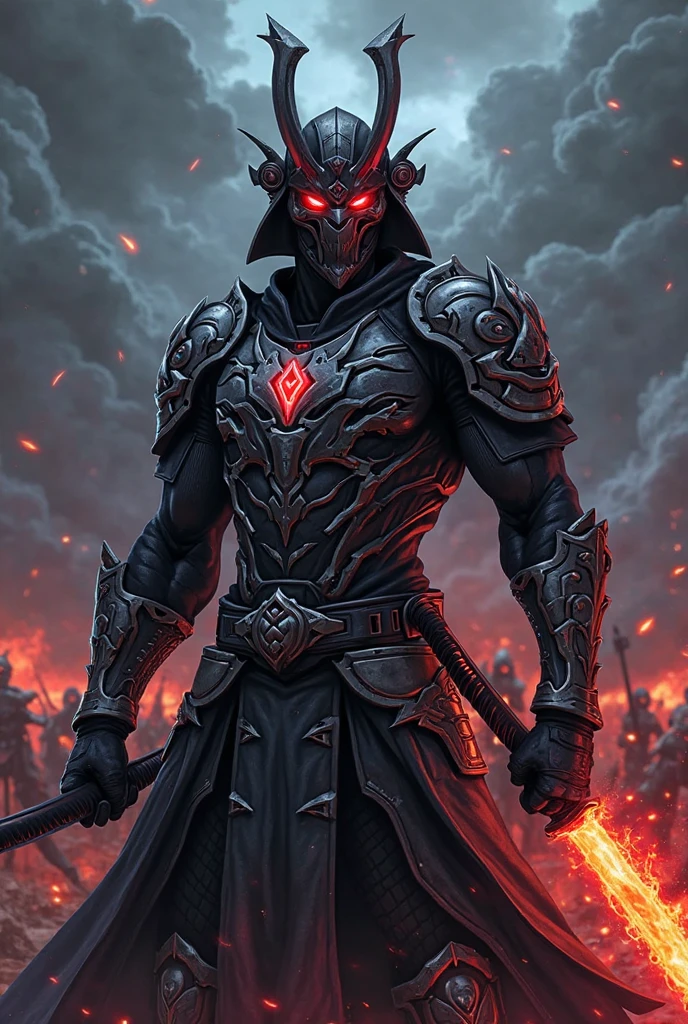 A villain man, intricate details, strong body, skull head, red eyes, wearing hood, colors, realistic, burning background, FHD --auto --s2