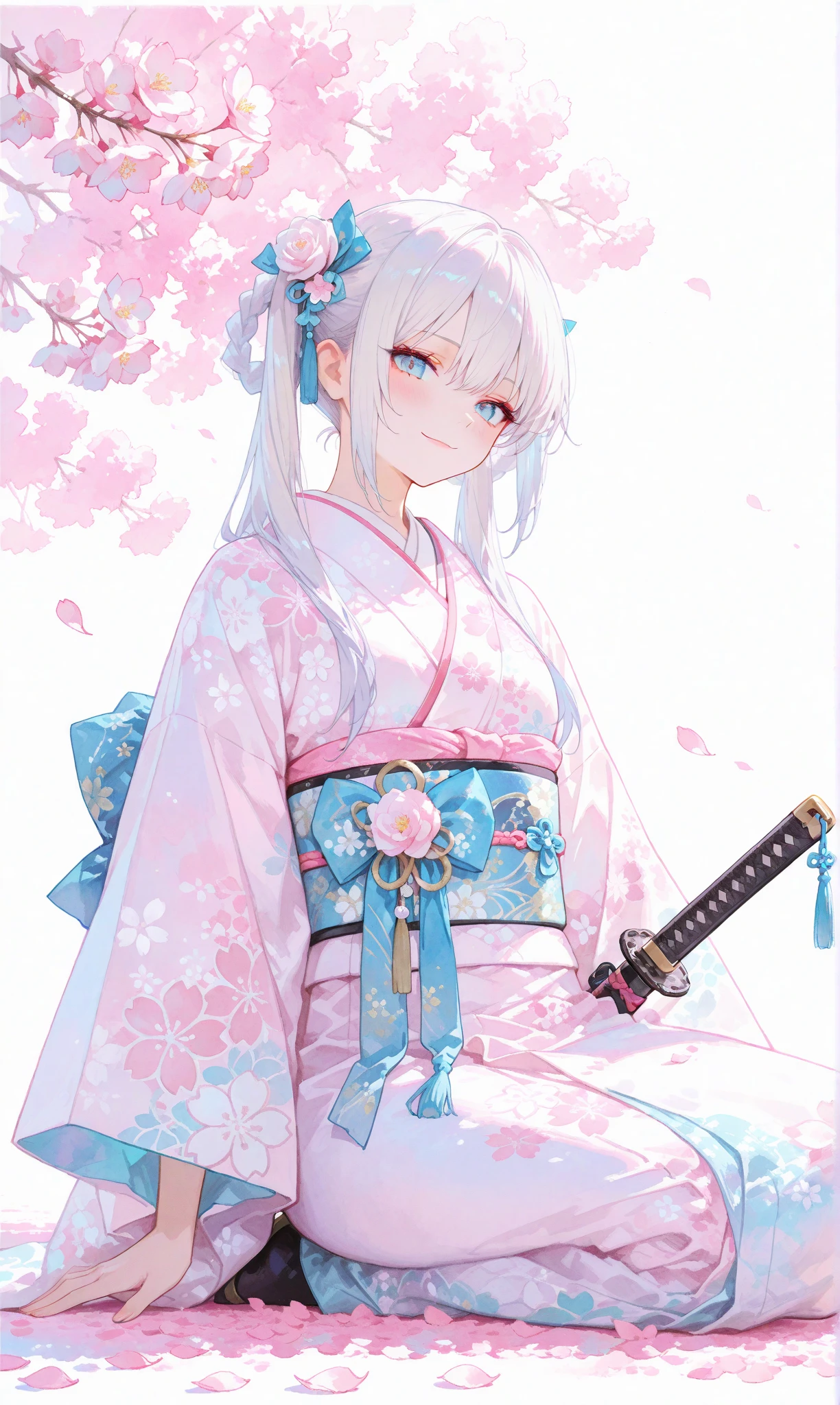 A single girl with long, jet-black twin tails adorned with thin white highlights, tied with ribbons, wearing an elegant kimono featuring delicate Japanese patterns, her striking blue eyes gleaming softly. She sits on the ground with a katana resting horizontally beside her, a small smile on her lips as she begins to rise, exuding a sense of quiet determination. The scene is set along a cherry blossom avenue, where scattered white rose petals mingle with vibrant pink sakura, illuminated by the gentle light of sunrise. This fusion of battlefield remnants and blooming cherry blossoms evokes a profound feeling of hope and new beginnings. Her figure stands out against a simple white background that accentuates her presence, rendered with a delicate watercolor touch (0.4) and a soft pastel style (0.6), blending ethereal beauty with subtle strength in ultra-high resolution, capturing every intricate detail of her kimono, hair, and the blossoming surroundings


