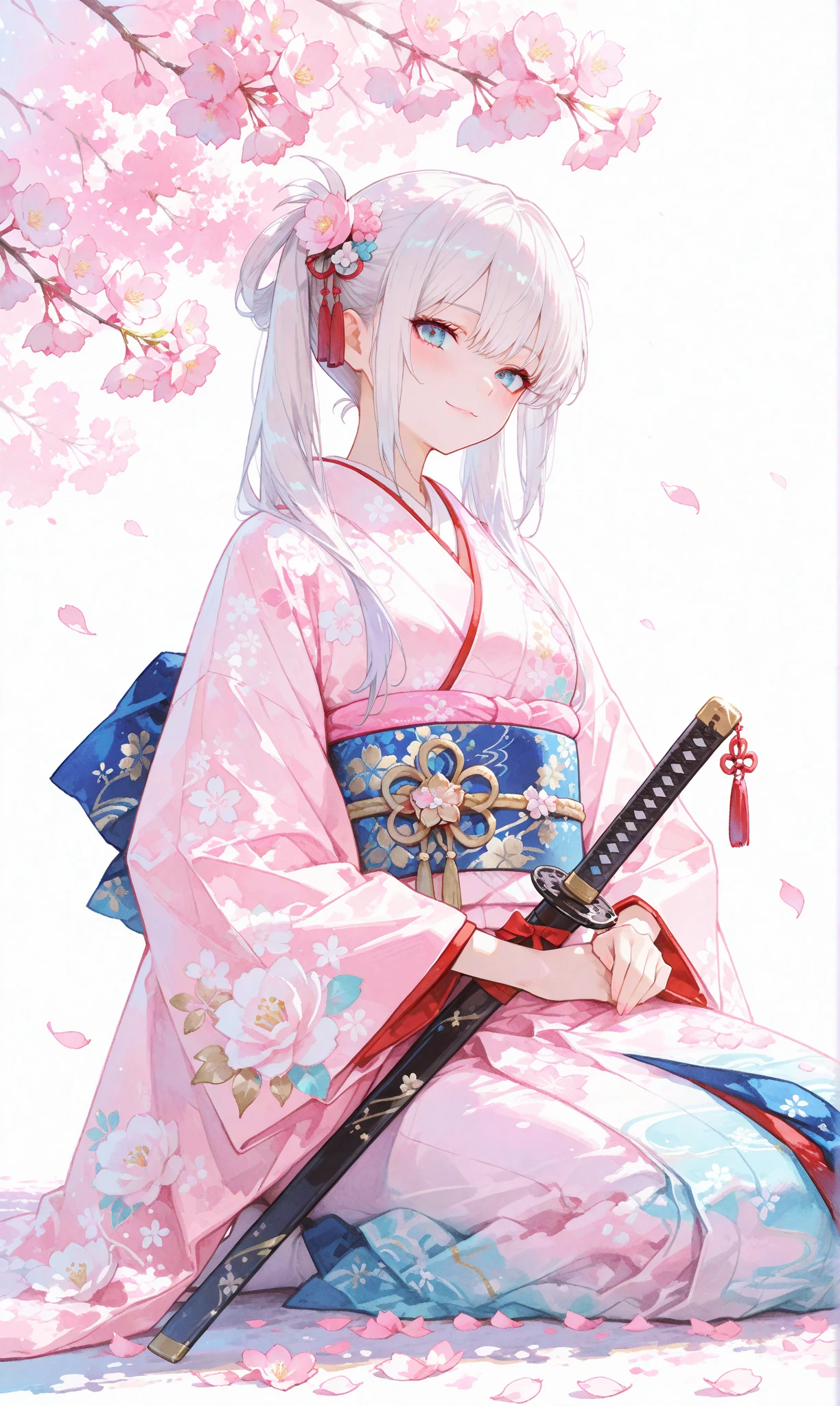 A single girl with long, jet-black twin tails adorned with thin white highlights, tied with ribbons, wearing an elegant kimono featuring delicate Japanese patterns, her striking blue eyes gleaming softly. She sits on the ground with a katana resting horizontally beside her, a small smile on her lips as she begins to rise, exuding a sense of quiet determination. The scene is set along a cherry blossom avenue, where scattered white rose petals mingle with vibrant pink sakura, illuminated by the gentle light of sunrise. This fusion of battlefield remnants and blooming cherry blossoms evokes a profound feeling of hope and new beginnings. Her figure stands out against a simple white background that accentuates her presence, rendered with a delicate watercolor touch (0.4) and a soft pastel style (0.6), blending ethereal beauty with subtle strength in ultra-high resolution, capturing every intricate detail of her kimono, hair, and the blossoming surroundings


