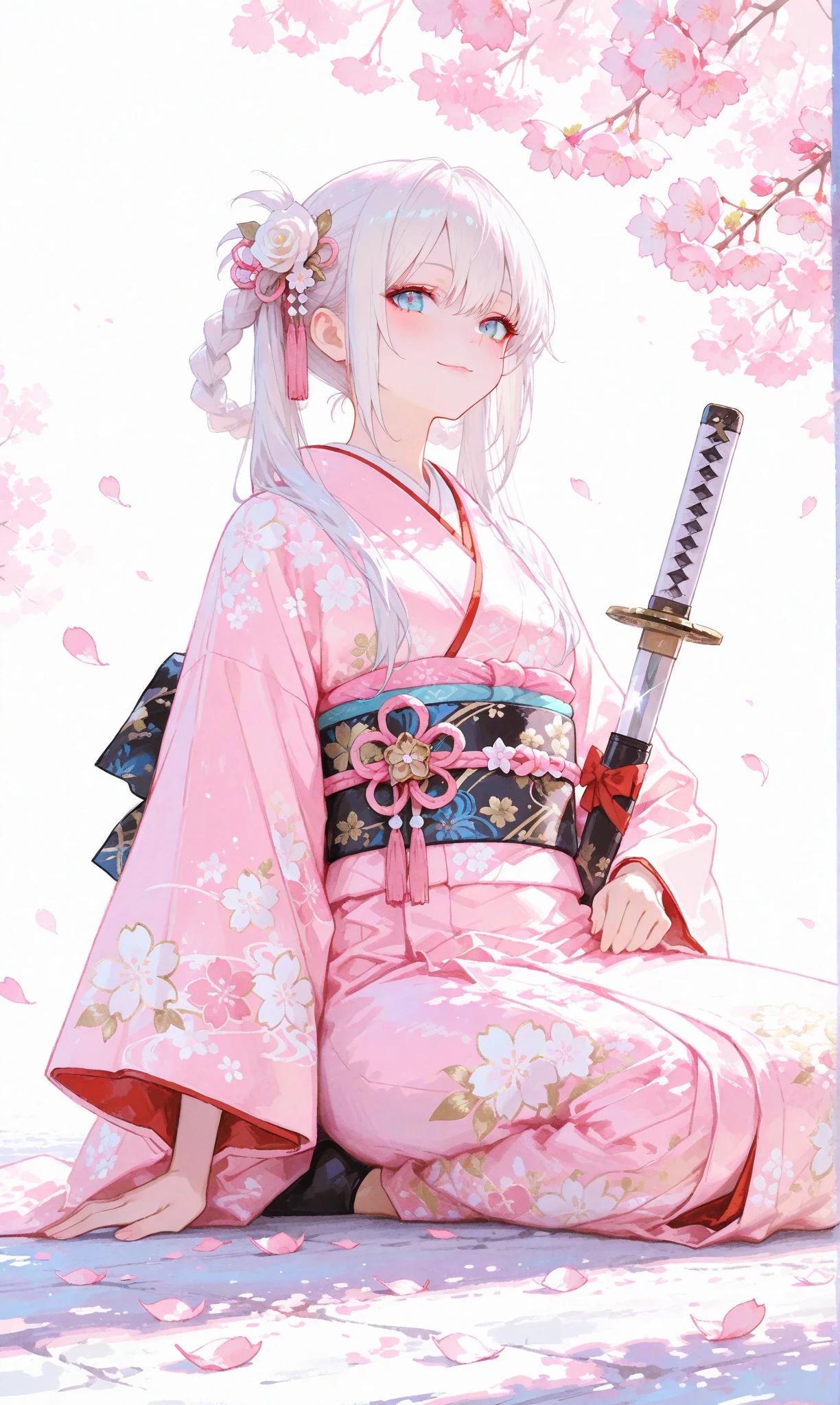 A single girl with long, jet-black twin tails adorned with thin white highlights, tied with ribbons, wearing an elegant kimono featuring delicate Japanese patterns, her striking blue eyes gleaming softly. She sits on the ground with a katana resting horizontally beside her, a small smile on her lips as she begins to rise, exuding a sense of quiet determination. The scene is set along a cherry blossom avenue, where scattered white rose petals mingle with vibrant pink sakura, illuminated by the gentle light of sunrise. This fusion of battlefield remnants and blooming cherry blossoms evokes a profound feeling of hope and new beginnings. Her figure stands out against a simple white background that accentuates her presence, rendered with a delicate watercolor touch (0.4) and a soft pastel style (0.6), blending ethereal beauty with subtle strength in ultra-high resolution, capturing every intricate detail of her kimono, hair, and the blossoming surroundings


