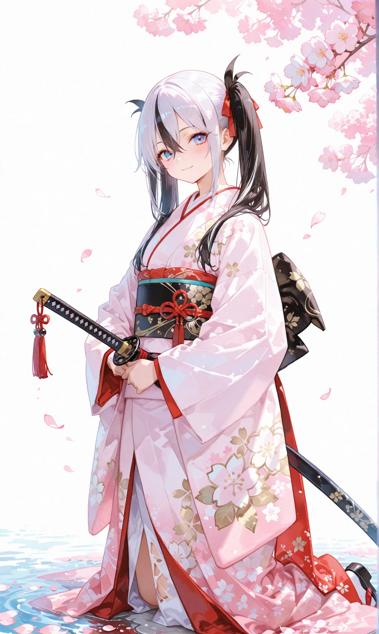 A single girl with long, jet-black twin tails adorned with thin white highlights, tied with ribbons, wearing an elegant kimono featuring delicate Japanese patterns, her striking blue eyes gleaming softly. She sits on the ground with a katana resting horizontally beside her, a small smile on her lips as she begins to rise, exuding a sense of quiet determination. The scene is set along a cherry blossom avenue, where scattered white rose petals mingle with vibrant pink sakura, illuminated by the gentle light of sunrise. This fusion of battlefield remnants and blooming cherry blossoms evokes a profound feeling of hope and new beginnings. Her figure stands out against a simple white background that accentuates her presence, rendered with a delicate watercolor touch (0.4) and a soft pastel style (0.6), blending ethereal beauty with subtle strength in ultra-high resolution, capturing every intricate detail of her kimono, hair, and the blossoming surroundings



