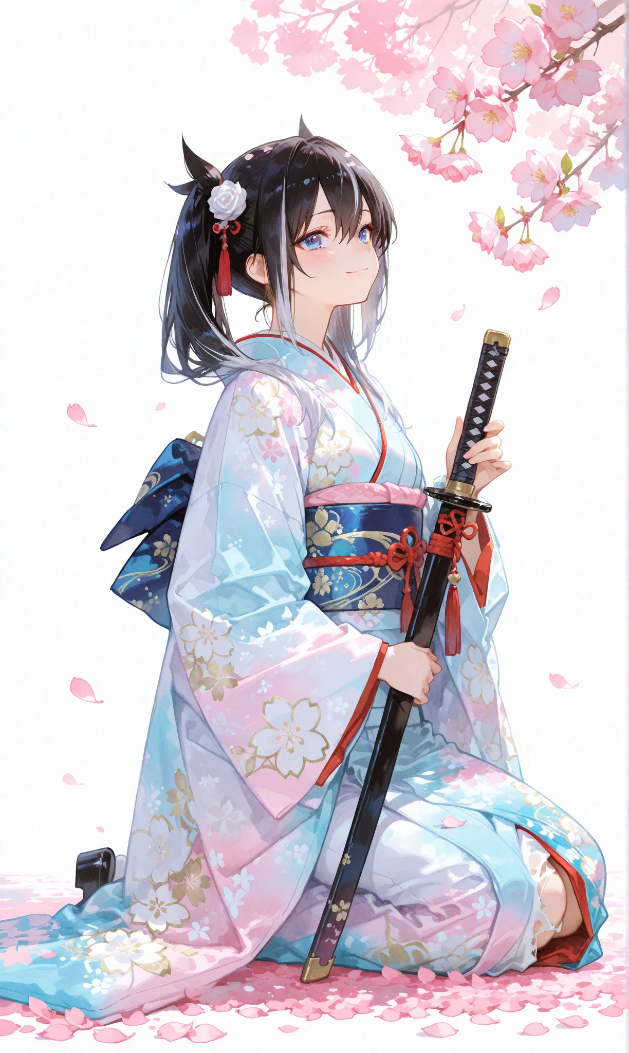 A single girl with long, jet-black twin tails adorned with thin white highlights, tied with ribbons, wearing an elegant kimono featuring delicate Japanese patterns, her striking blue eyes gleaming softly. She sits on the ground with a katana resting horizontally beside her, a small smile on her lips as she begins to rise, exuding a sense of quiet determination. The scene is set along a cherry blossom avenue, where scattered white rose petals mingle with vibrant pink sakura, illuminated by the gentle light of sunrise. This fusion of battlefield remnants and blooming cherry blossoms evokes a profound feeling of hope and new beginnings. Her figure stands out against a simple white background that accentuates her presence, rendered with a delicate watercolor touch (0.4) and a soft pastel style (0.6), blending ethereal beauty with subtle strength in ultra-high resolution, capturing every intricate detail of her kimono, hair, and the blossoming surroundings


