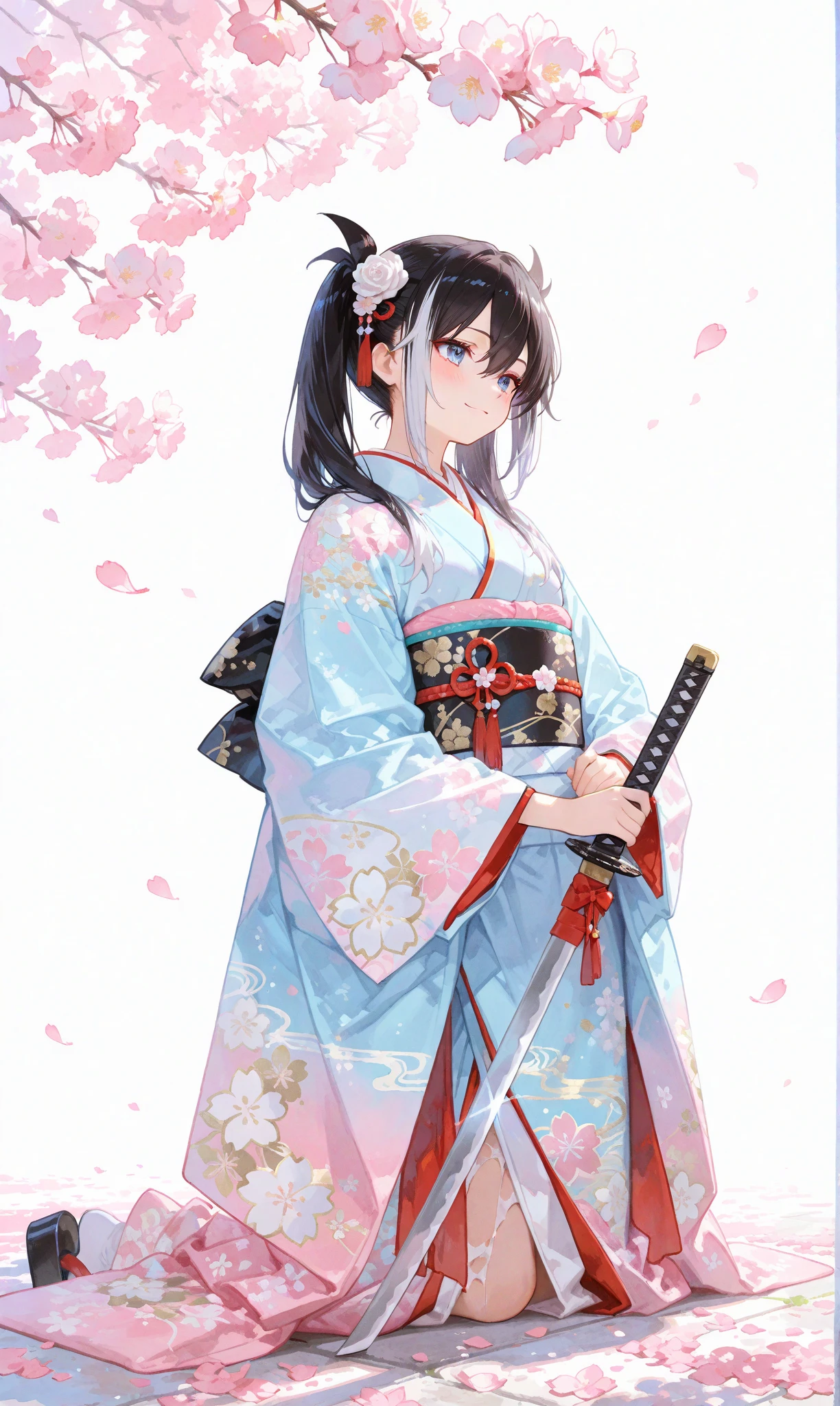 A single girl with long, jet-black twin tails adorned with thin white highlights, tied with ribbons, wearing an elegant kimono featuring delicate Japanese patterns, her striking blue eyes gleaming softly. She sits on the ground with a katana resting horizontally beside her, a small smile on her lips as she begins to rise, exuding a sense of quiet determination. The scene is set along a cherry blossom avenue, where scattered white rose petals mingle with vibrant pink sakura, illuminated by the gentle light of sunrise. This fusion of battlefield remnants and blooming cherry blossoms evokes a profound feeling of hope and new beginnings. Her figure stands out against a simple white background that accentuates her presence, rendered with a delicate watercolor touch (0.4) and a soft pastel style (0.6), blending ethereal beauty with subtle strength in ultra-high resolution, capturing every intricate detail of her kimono, hair, and the blossoming surroundings



