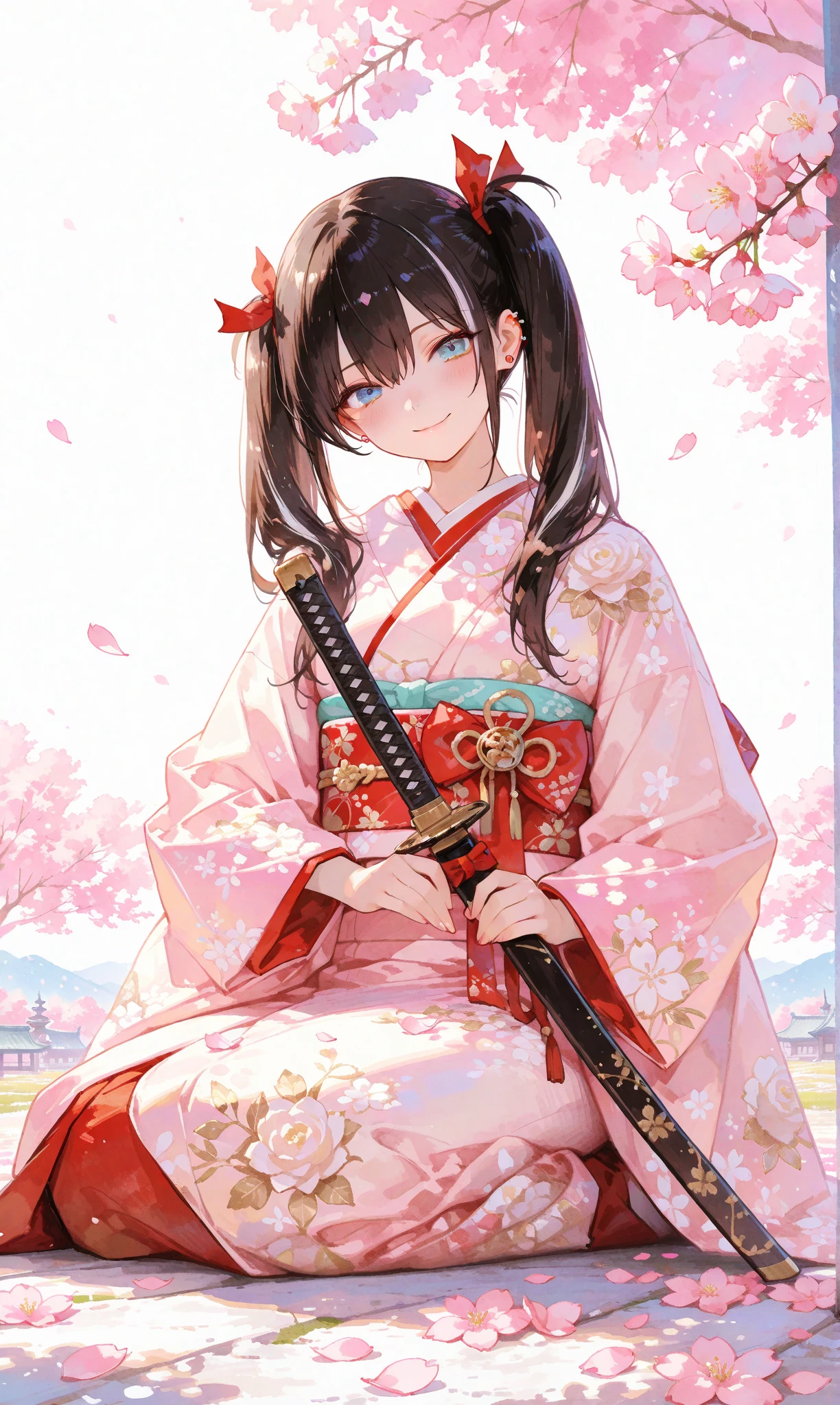 A single girl with long, jet-black twin tails adorned with thin white highlights, tied with ribbons, wearing an elegant kimono featuring delicate Japanese patterns, her striking blue eyes gleaming softly. She sits on the ground with a katana resting horizontally beside her, a small smile on her lips as she begins to rise, exuding a sense of quiet determination. The scene is set along a cherry blossom avenue, where scattered white rose petals mingle with vibrant pink sakura, illuminated by the gentle light of sunrise. This fusion of battlefield remnants and blooming cherry blossoms evokes a profound feeling of hope and new beginnings. Her figure stands out against a simple white background that accentuates her presence, rendered with a delicate watercolor touch (0.4) and a soft pastel style (0.6), blending ethereal beauty with subtle strength in ultra-high resolution, capturing every intricate detail of her kimono, hair, and the blossoming surroundings


