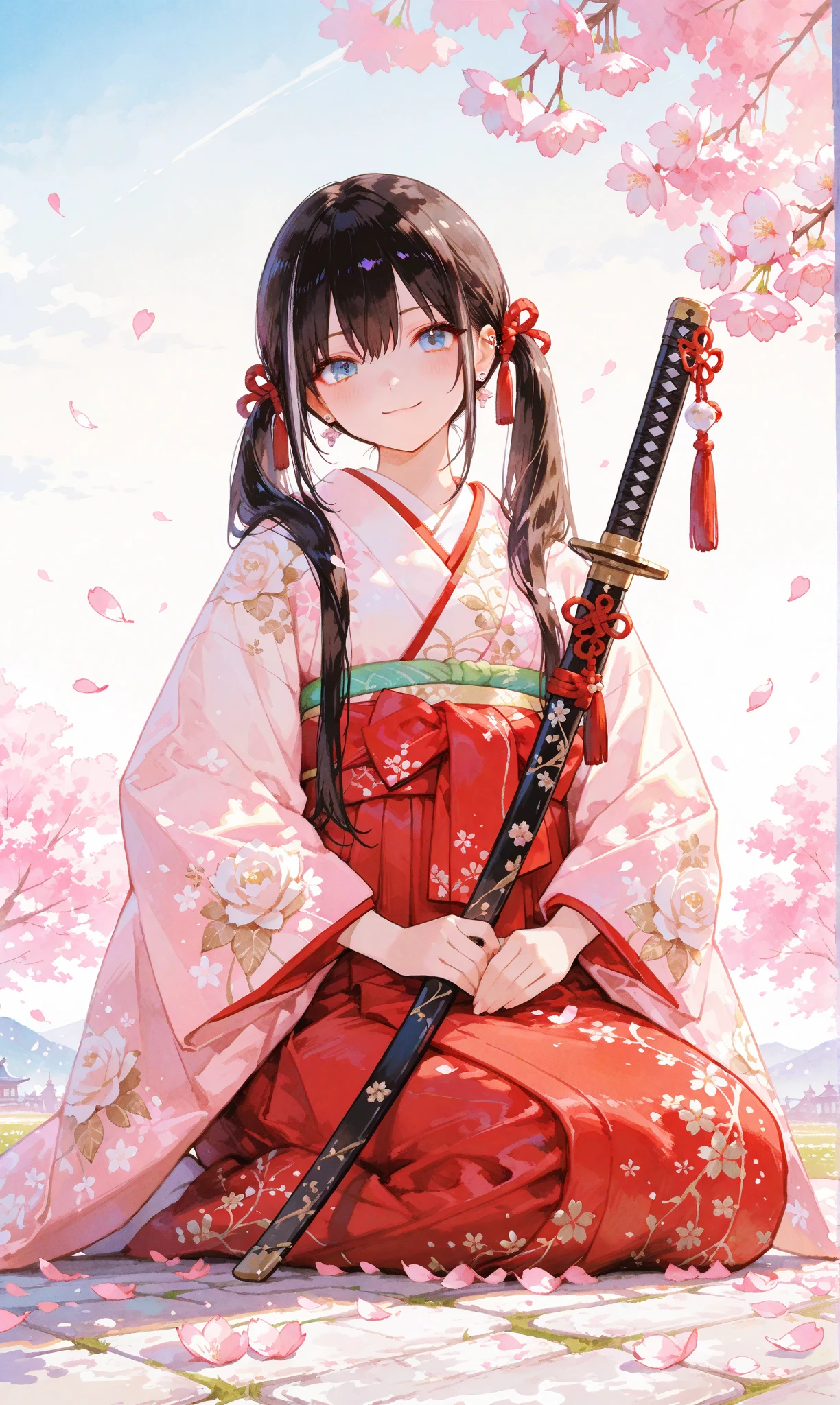 A single girl with long, jet-black twin tails adorned with thin white highlights, tied with ribbons, wearing an elegant kimono featuring delicate Japanese patterns, her striking blue eyes gleaming softly. She sits on the ground with a katana resting horizontally beside her, a small smile on her lips as she begins to rise, exuding a sense of quiet determination. The scene is set along a cherry blossom avenue, where scattered white rose petals mingle with vibrant pink sakura, illuminated by the gentle light of sunrise. This fusion of battlefield remnants and blooming cherry blossoms evokes a profound feeling of hope and new beginnings. Her figure stands out against a simple white background that accentuates her presence, rendered with a delicate watercolor touch (0.4) and a soft pastel style (0.6), blending ethereal beauty with subtle strength in ultra-high resolution, capturing every intricate detail of her kimono, hair, and the blossoming surroundings


