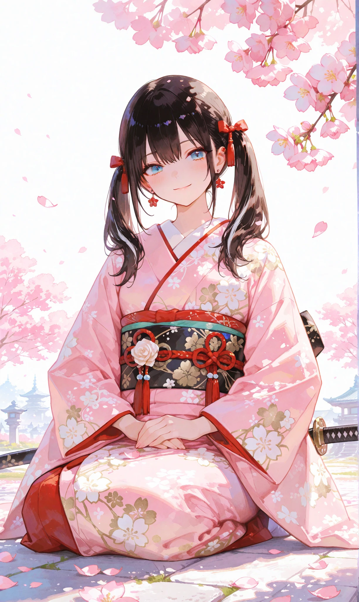 A single girl with long, jet-black twin tails adorned with thin white highlights, tied with ribbons, wearing an elegant kimono featuring delicate Japanese patterns, her striking blue eyes gleaming softly. She sits on the ground with a katana resting horizontally beside her, a small smile on her lips as she begins to rise, exuding a sense of quiet determination. The scene is set along a cherry blossom avenue, where scattered white rose petals mingle with vibrant pink sakura, illuminated by the gentle light of sunrise. This fusion of battlefield remnants and blooming cherry blossoms evokes a profound feeling of hope and new beginnings. Her figure stands out against a simple white background that accentuates her presence, rendered with a delicate watercolor touch (0.4) and a soft pastel style (0.6), blending ethereal beauty with subtle strength in ultra-high resolution, capturing every intricate detail of her kimono, hair, and the blossoming surroundings


