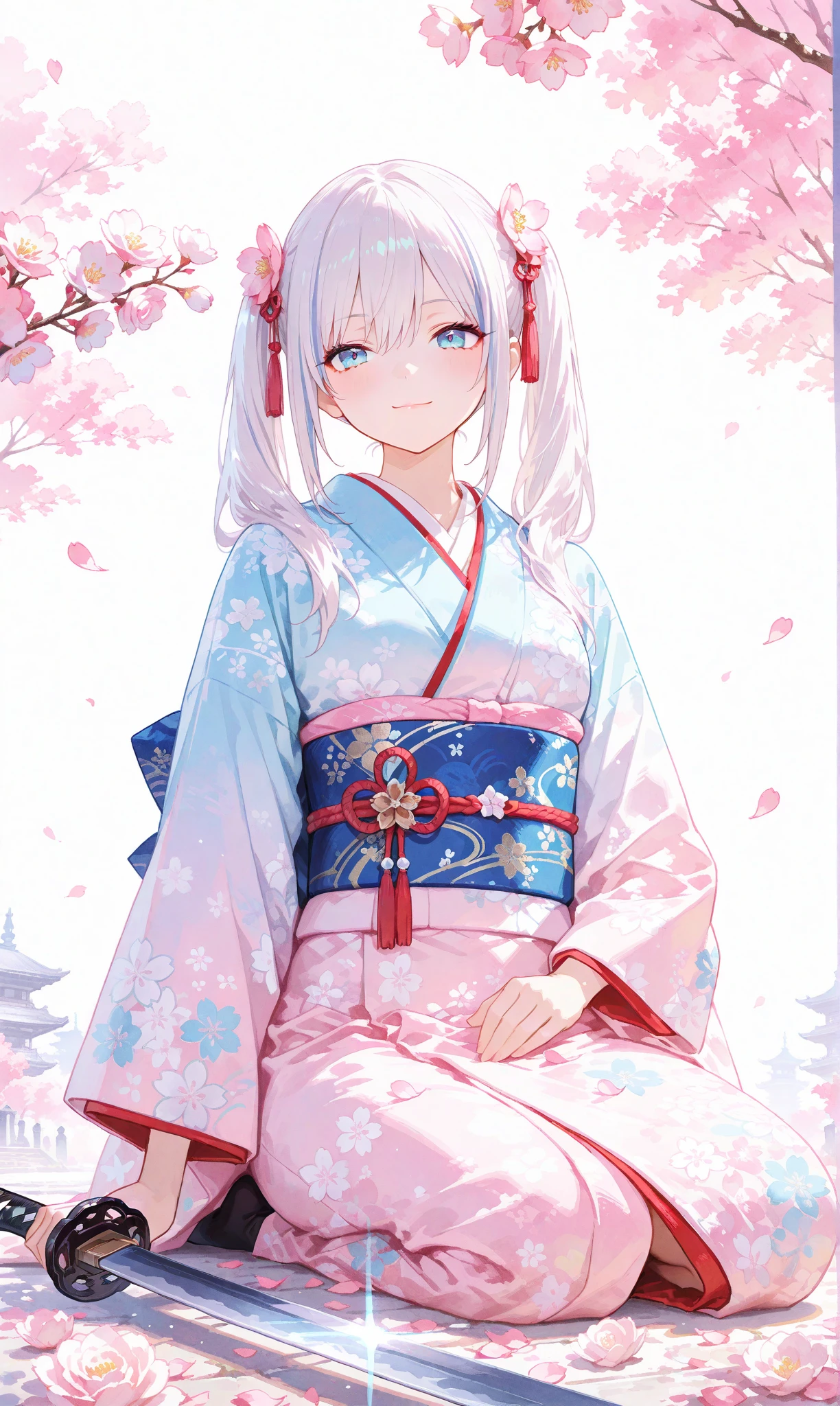 A single girl with long, jet-black twin tails adorned with thin white highlights, tied with ribbons, wearing an elegant kimono featuring delicate Japanese patterns, her striking blue eyes gleaming softly. She sits on the ground with a katana resting horizontally beside her, a small smile on her lips as she begins to rise, exuding a sense of quiet determination. The scene is set along a cherry blossom avenue, where scattered white rose petals mingle with vibrant pink sakura, illuminated by the gentle light of sunrise. This fusion of battlefield remnants and blooming cherry blossoms evokes a profound feeling of hope and new beginnings. Her figure stands out against a simple white background that accentuates her presence, rendered with a delicate watercolor touch (0.4) and a soft pastel style (0.6), blending ethereal beauty with subtle strength in ultra-high resolution, capturing every intricate detail of her kimono, hair, and the blossoming surroundings


