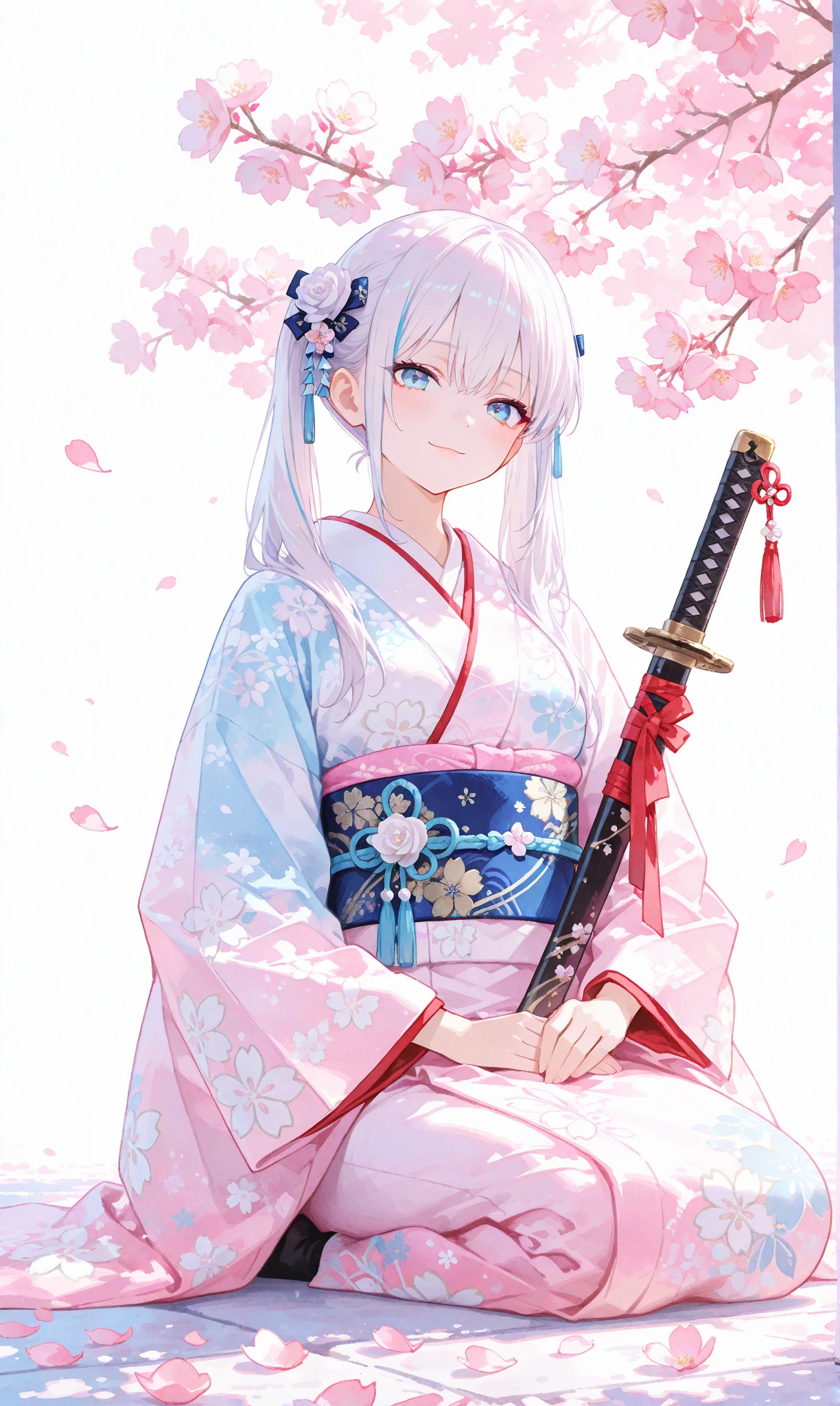 A single girl with long, jet-black twin tails adorned with thin white highlights, tied with ribbons, wearing an elegant kimono featuring delicate Japanese patterns, her striking blue eyes gleaming softly. She sits on the ground with a katana resting horizontally beside her, a small smile on her lips as she begins to rise, exuding a sense of quiet determination. The scene is set along a cherry blossom avenue, where scattered white rose petals mingle with vibrant pink sakura, illuminated by the gentle light of sunrise. This fusion of battlefield remnants and blooming cherry blossoms evokes a profound feeling of hope and new beginnings. Her figure stands out against a simple white background that accentuates her presence, rendered with a delicate watercolor touch (0.4) and a soft pastel style (0.6), blending ethereal beauty with subtle strength in ultra-high resolution, capturing every intricate detail of her kimono, hair, and the blossoming surroundings



