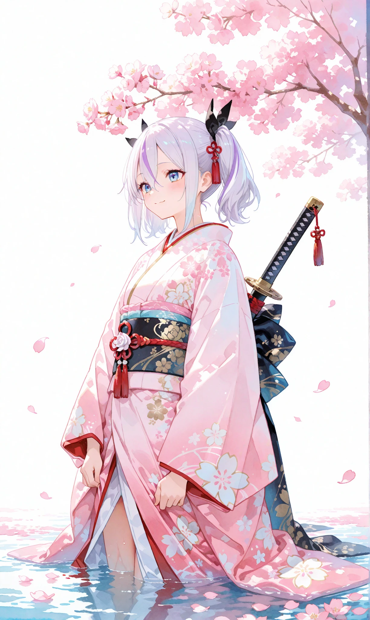 A single girl with long, jet-black twin tails adorned with thin white highlights, tied with ribbons, wearing an elegant kimono featuring delicate Japanese patterns, her striking blue eyes gleaming softly. She sits on the ground with a katana resting horizontally beside her, a small smile on her lips as she begins to rise, exuding a sense of quiet determination. The scene is set along a cherry blossom avenue, where scattered white rose petals mingle with vibrant pink sakura, illuminated by the gentle light of sunrise. This fusion of battlefield remnants and blooming cherry blossoms evokes a profound feeling of hope and new beginnings. Her figure stands out against a simple white background that accentuates her presence, rendered with a delicate watercolor touch (0.4) and a soft pastel style (0.6), blending ethereal beauty with subtle strength in ultra-high resolution, capturing every intricate detail of her kimono, hair, and the blossoming surroundings


