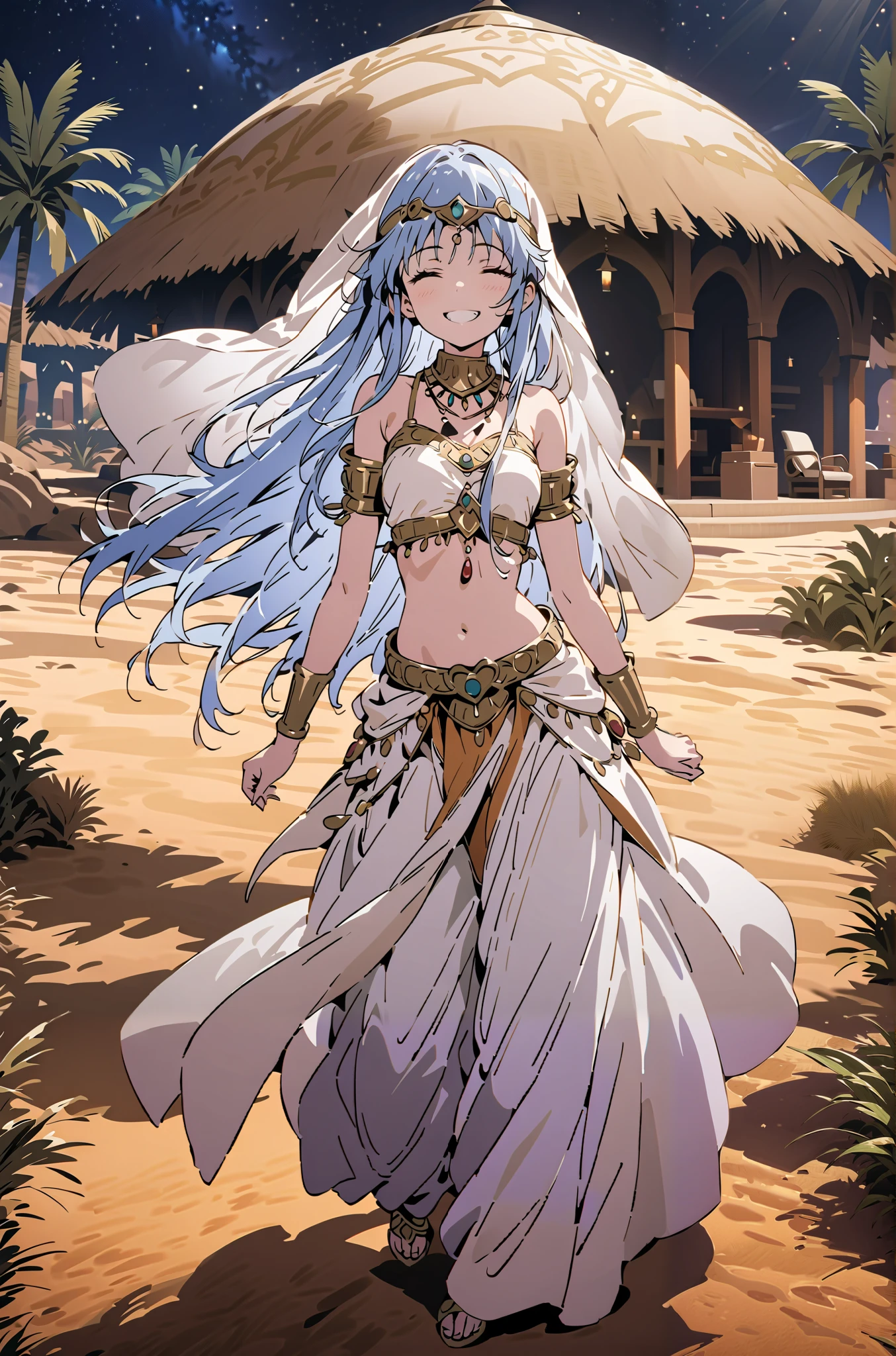 Prohibited bibliography, blue hair, long hair, Harem outfit, White Veil, Arabian clothing, collar , Mousebale, circlet , harem pants, thighs, gold trim, dancer ,,is standing,smile, grin ,close his eyes,night,Palm Trees,full bodyがillustrationに入るように,break outdoors, oasis, desert,
break looking at viewer,full body,
break (masterpiece:1.2), best quality, high resolution, Unity 8k Wallpaper, (illustration:0.8), very detailed face, so that it fits into the illustration, extremely detailed CG, (curved body, perfect anatomy),
