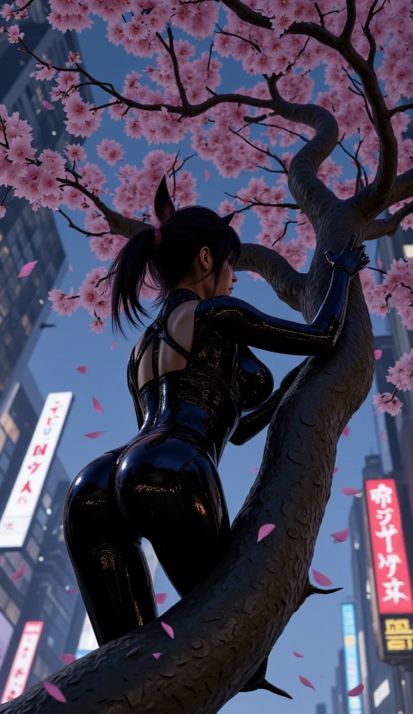 in 8K、超A high resolution、Best Quality、masutepiece (huge-breasted、Toned body:1.2)((glossy、Tight see through bodysuit、Enamel pants:1.4))(Shinto shrine、cherry blossoms blowing in the wind:1.5) (long straight beautiful rainbow colored hair in a ponytail:1.4)(embarassed expression、big eye、Distinct double eyelids、Lashes:1.3)(gazing at viewer、Highlights in the eyes、Light brown eyes、Pinclip Gloss)piercings、pin heels、(stick out buttocks、bending forward:1.1)
