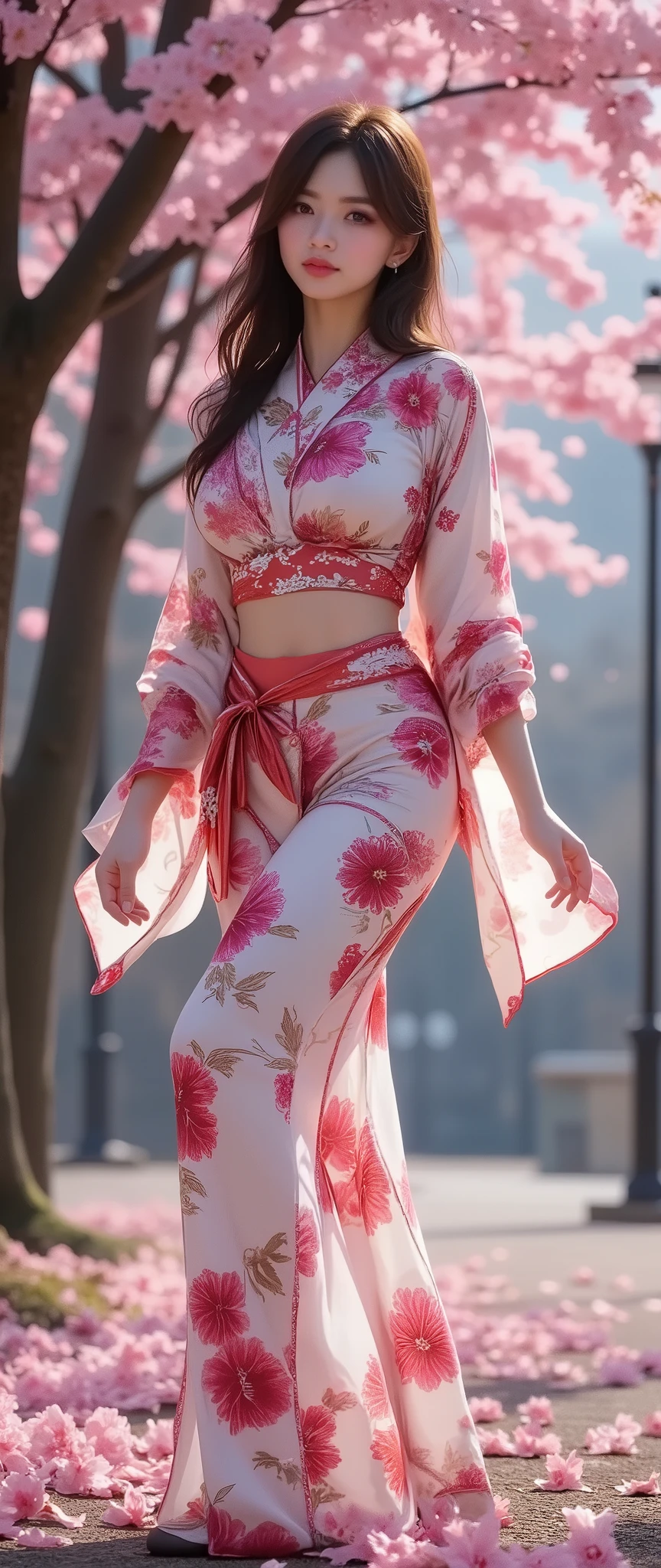 (Top Quality、masterpiece、winning work、16k), 、((A solo sexy cherry blossom goddess, Dancing splendidly: 1.2))、((geisha、Oiran、sexy Japanese traditional kimono dress、very details Cherry blossom flowers printed on kimono dress:1.5)), ((big breasts:1.2), (Big Breasts:1.2), (raised and crisp bust:1.2), (lifts the chest:1.2), (Perky breasts :1.2), , ( double breasted,Underbust:1.2), button gap with, walks under a row of cherry blossom trees、Sakura Fubuki