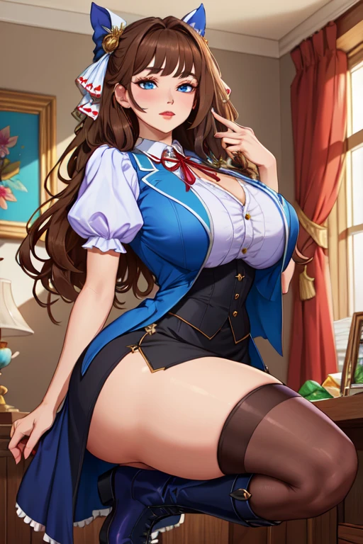 ((Tabletop, highest quality, High resolution, , Pixel Perfect, 4K, ))), Beautiful female teacher,, alone, beauty、The whole body is visible、 (((Witch Cosplay), Long dark blonde wavy hair、Off-the-shoulder jacket, Dark blue flared skirt、Witch Hat、Black knee-high stockings、Gorgeous hair ornament、Gorgeous necklace、Mid-wave hair, bangs, Brown Hair)), ((Brown eyes, Beautiful eyelashes, Realistic eyes)), ((Detailed face, Blushing:1.2)), ((Smooth texture:0.75, Realistic texture:0.65, Realistic:1.1, Anime CG Style)), Center of chest, Dynamic Angle, Perfect body, ((,)), 、No bra、Very embarrassing panic smile, 、Big castle library、Sit on a chair、A large magic book on a desk、Put your elbows on the desk、Showing cleavage、、(、Nipples are slightly visible、A little bit of pink lace panties are visible、)、Angle from below