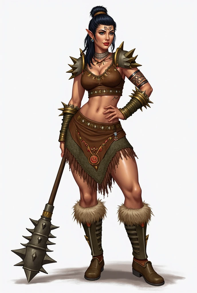 Goblin queen with large yellow eyes, a large toothy grin, chainmail helmet, chainmail bikini, black dreadlocks, short and stout stature, non muscular stomach, pubic hair peeking out of bikini, brown leather poncho, drawing, simple lines, no shading, short ears, hard nipples and labia outline, flaming sword, soup pot lid shield