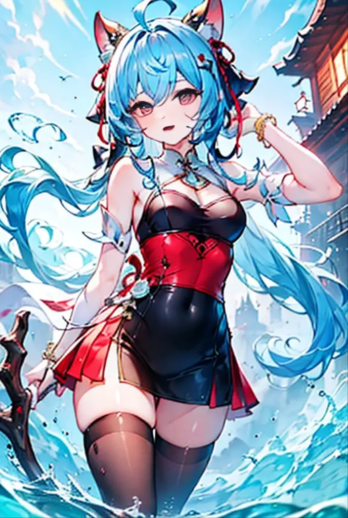 shenhe \(Genshin Impact\) 1girll，animemanga girl，Has light blue hair，Sword in hand, White-haired god, detailed anime art, Detailed anime artwork，Full body entrusted girl blush, One-piece transparent swimsuit，Breasts, Chinese knot, ((Masterpiece)) Swimwear, Sexy swimwear, Seaside, beach, Ocean lift beach resort swimwear straight chest transparent swimsuit legs，High cold face，Royal sister，Bigchest，Firm chest