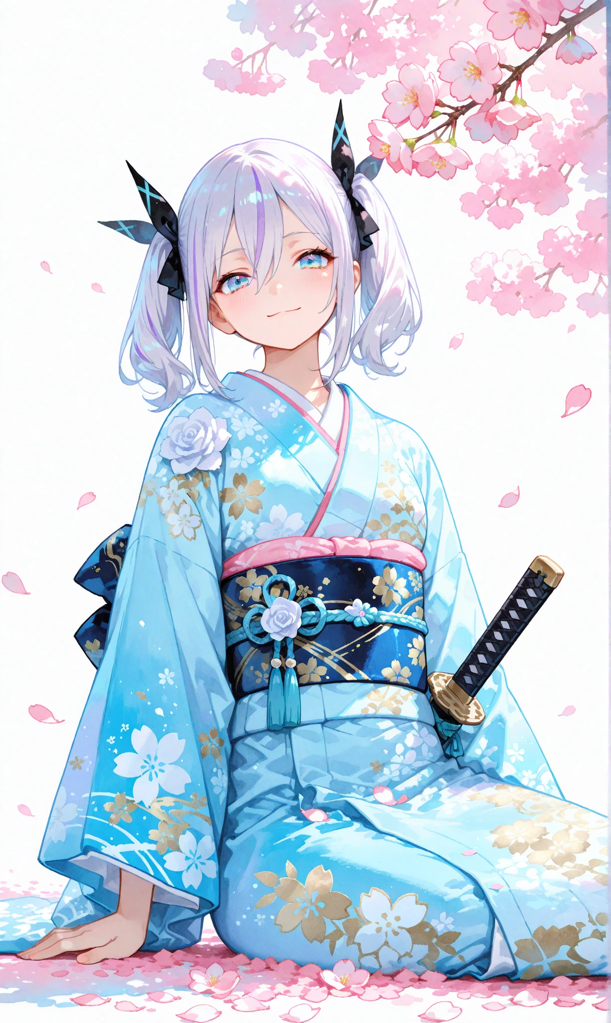 A single girl with long, jet-black twin tails adorned with thin white highlights, tied with ribbons, wearing an elegant kimono featuring delicate Japanese patterns, her striking blue eyes gleaming softly. She sits on the ground with a katana resting horizontally beside her, a small smile on her lips as she begins to rise, exuding a sense of quiet determination. The scene is set along a cherry blossom avenue, where scattered white rose petals mingle with vibrant pink sakura, illuminated by the gentle light of sunrise. This fusion of battlefield remnants and blooming cherry blossoms evokes a profound feeling of hope and new beginnings. Her figure stands out against a simple white background that accentuates her presence, rendered with a delicate watercolor touch (0.4) and a soft pastel style (0.6), blending ethereal beauty with subtle strength in ultra-high resolution, capturing every intricate detail of her kimono, hair, and the blossoming surroundings


