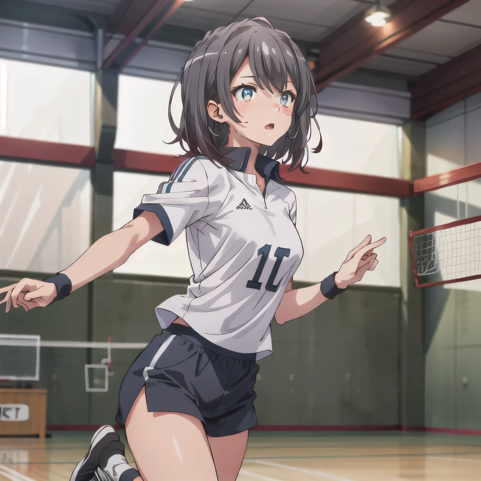 A breathtakingly beautiful 20-year-old woman soars into the air on a volleyball court inside a brightly lit gymnasium, preparing to spike the ball with precision and power. Her athletic form is accentuated by a sleek, form-fitting uniform, and her intense gaze remains locked onto the target. The polished wooden floor reflects the motion, enhancing the dynamic energy of the moment as she displays her skill and determination. Black hair, bob haircut, brown eyes.